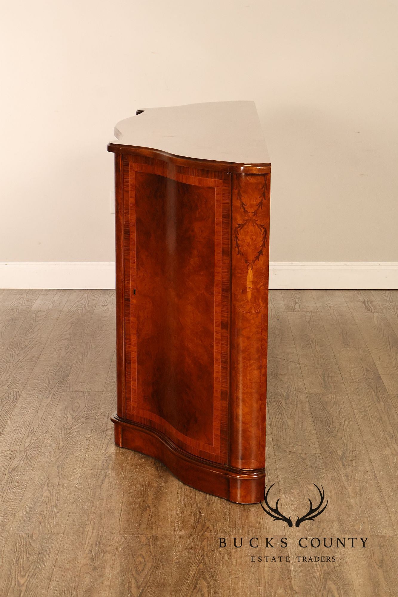 Italian Neoclassical Style Burl Wood Marquetry Inlaid Serpentine Sideboard