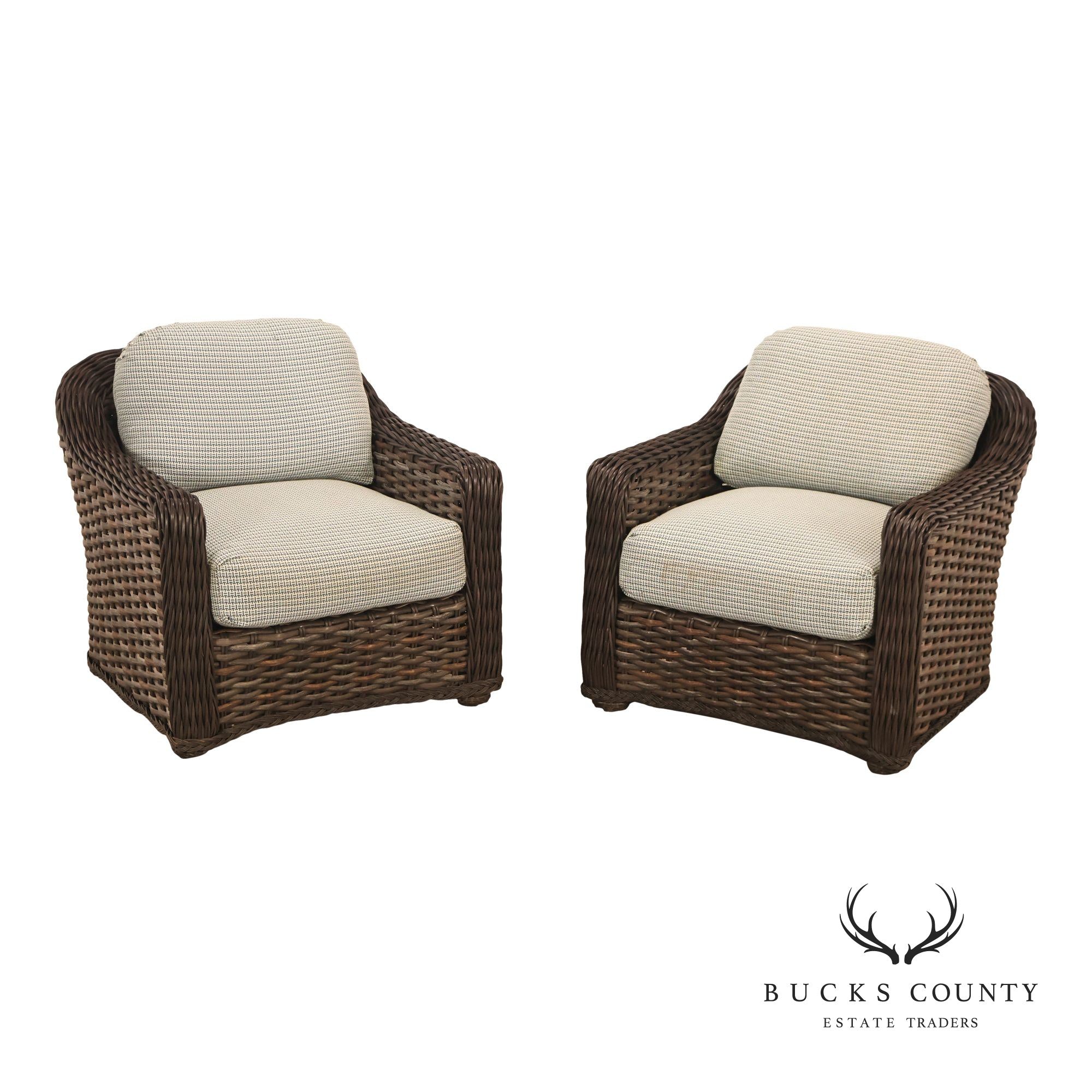 Lane Venture Pair Of Woven Wicker Outdoor Lounge Club Chairs With Cushions