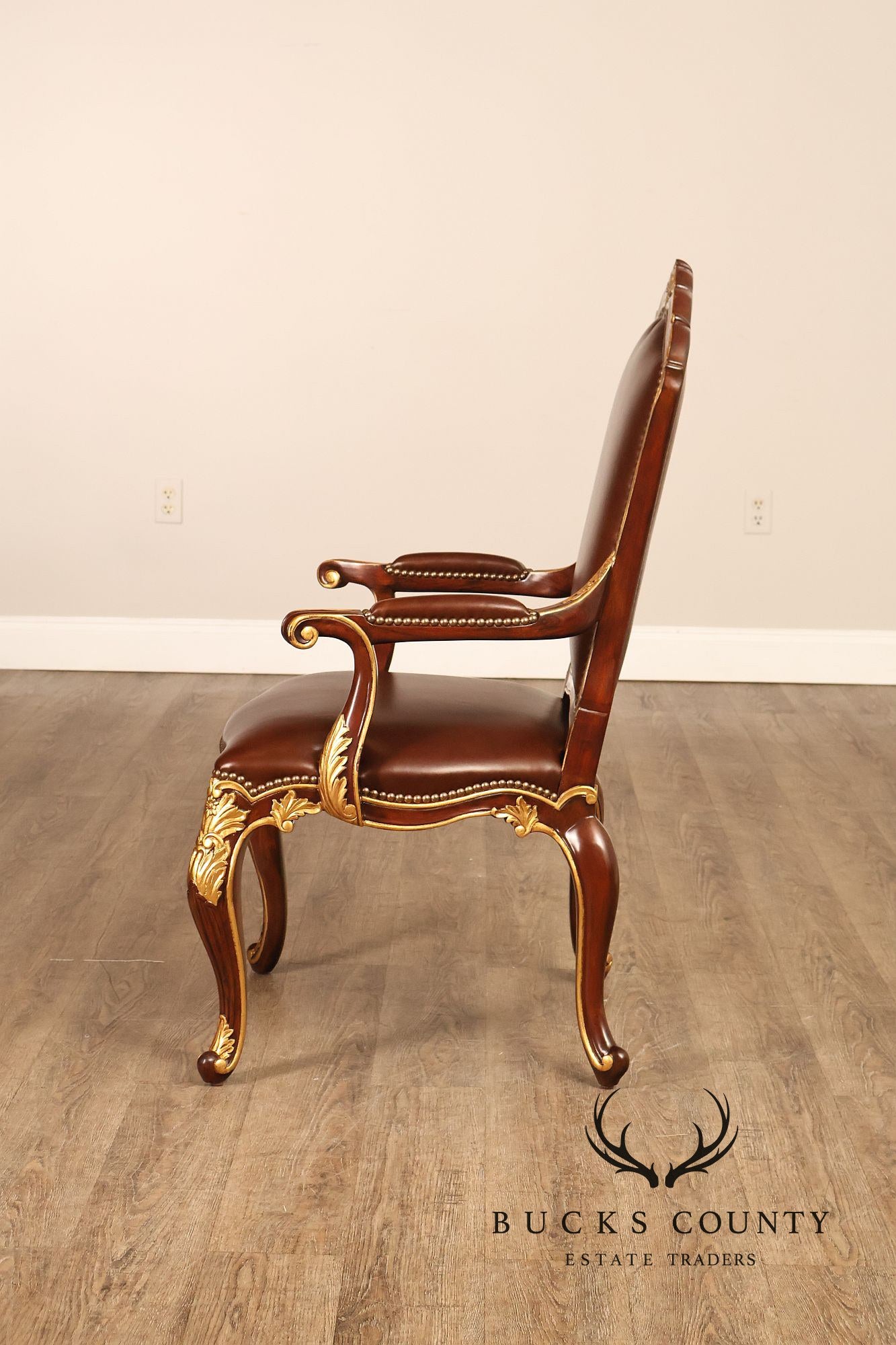 Scarborough House Pair Of French Rococo Style Gilt Mahogany Leather Upholstered Armchairs