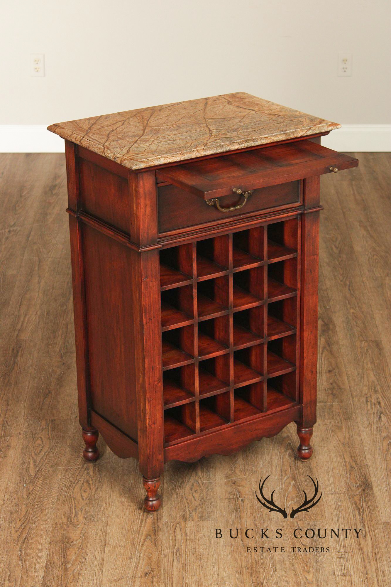 French Country Style Marble Top Wine Rack Cabinet With Drawer, Cherry Finish