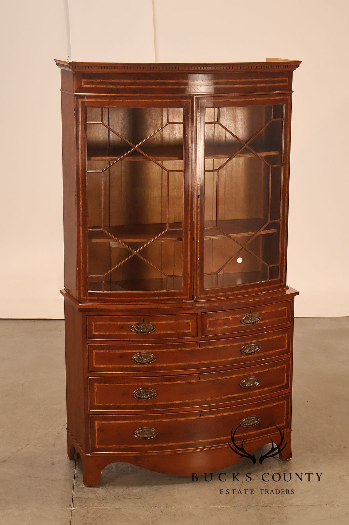 Georgian Style Inlaid Yew Wood Bow Front Bookcase Bureau China Cabinet