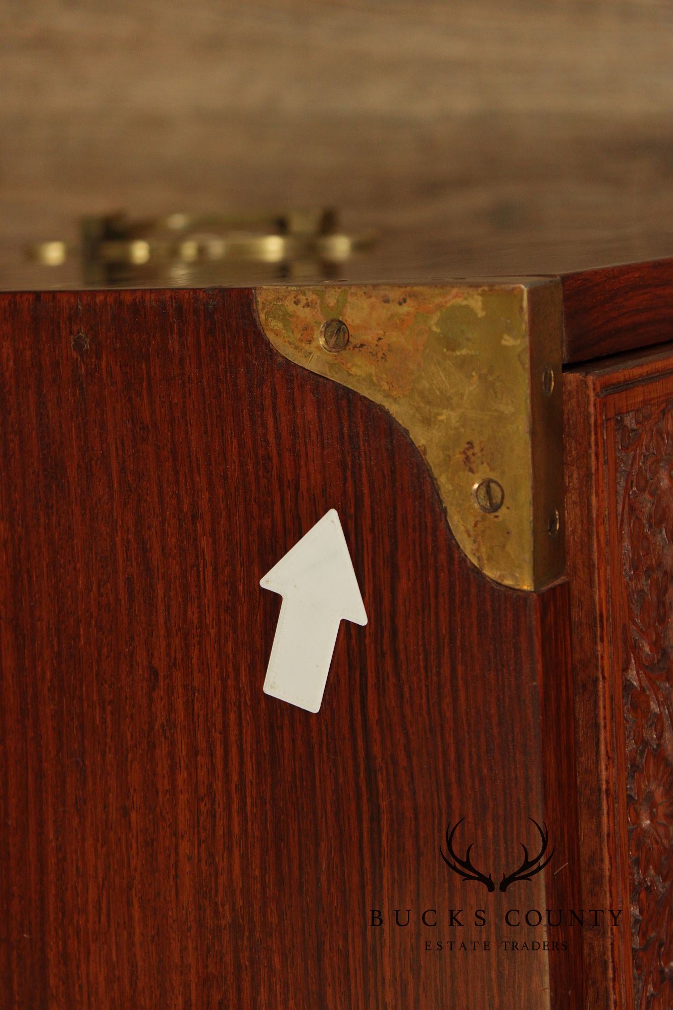 Brass Inlaid And Carved Teak Four Drawer Campaign Chest