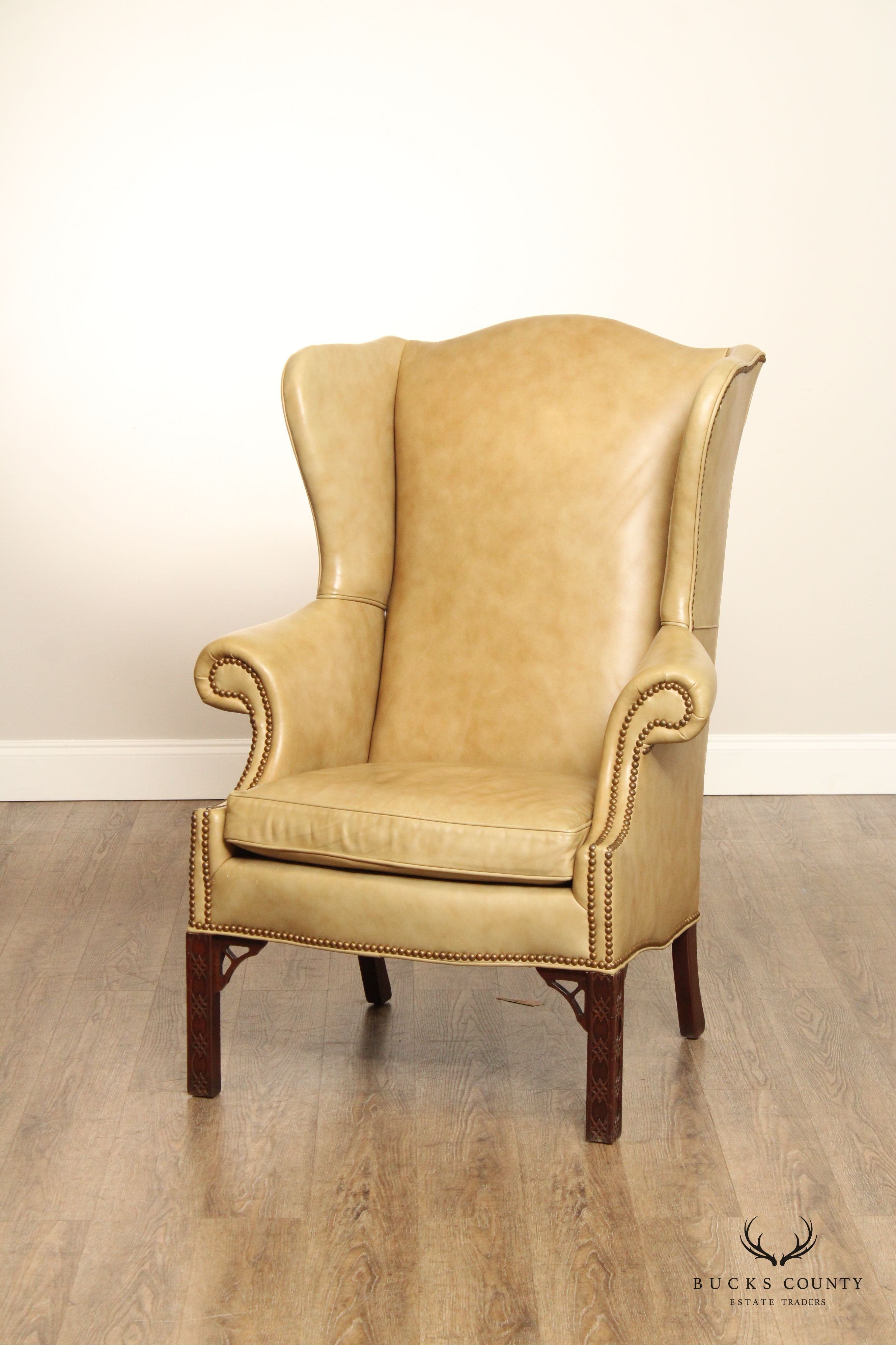 Chippendale Style Tan Leather Wing Chair