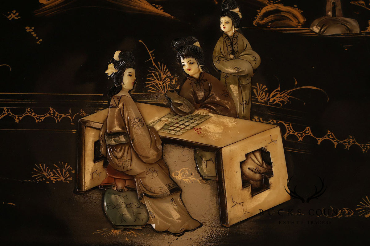 Asian Inspired Black Lacquer Coffee Table With Figural Inlay