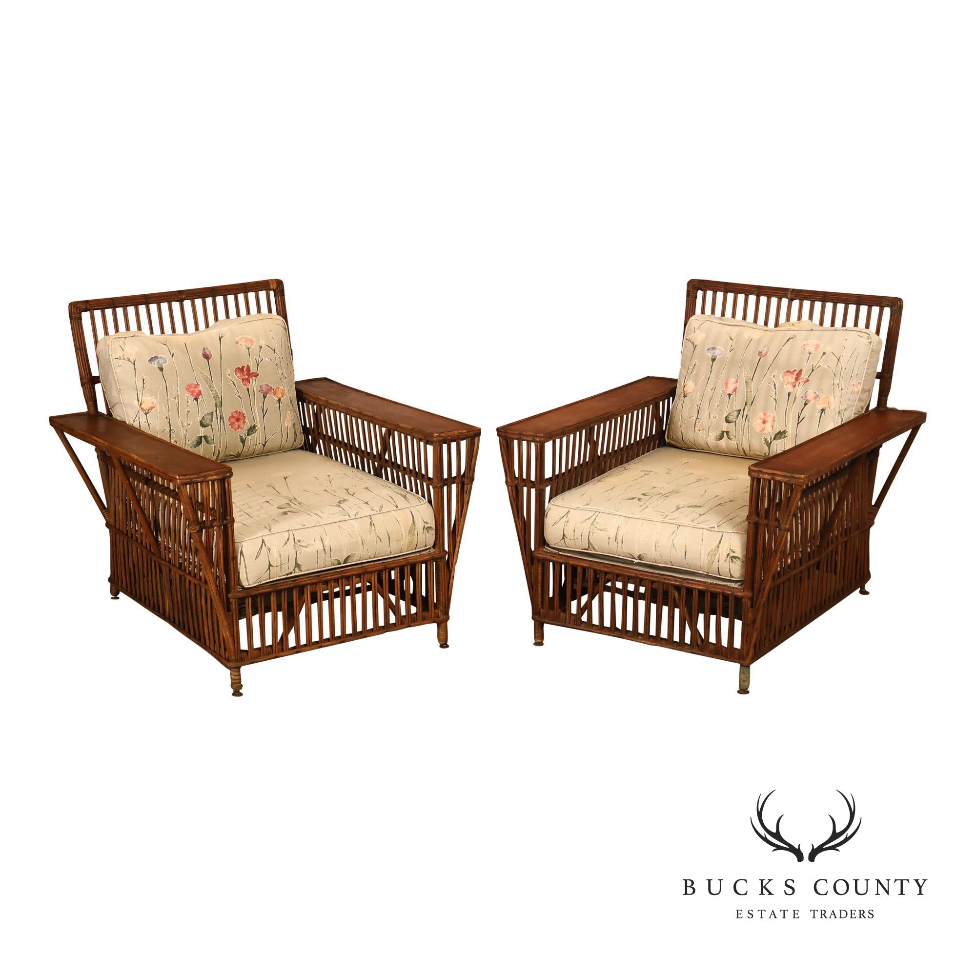 Antique Pair Of Split Reed Rattan Lounge Chairs