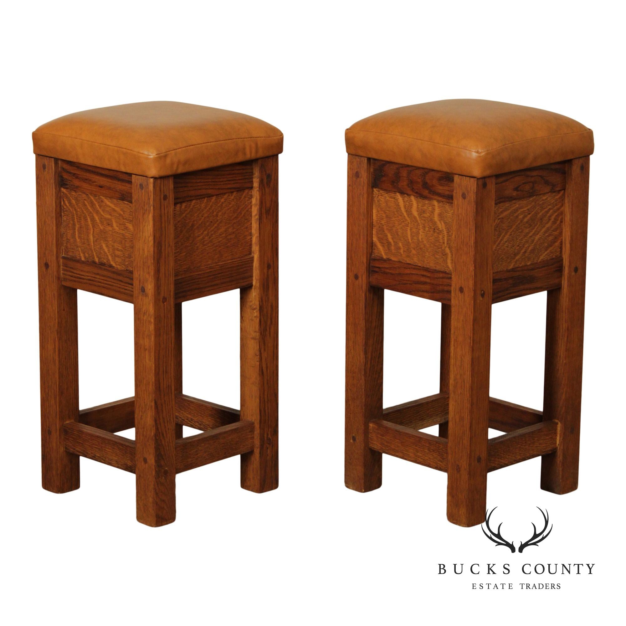 Mission Style Pair of Oak Counter Stools