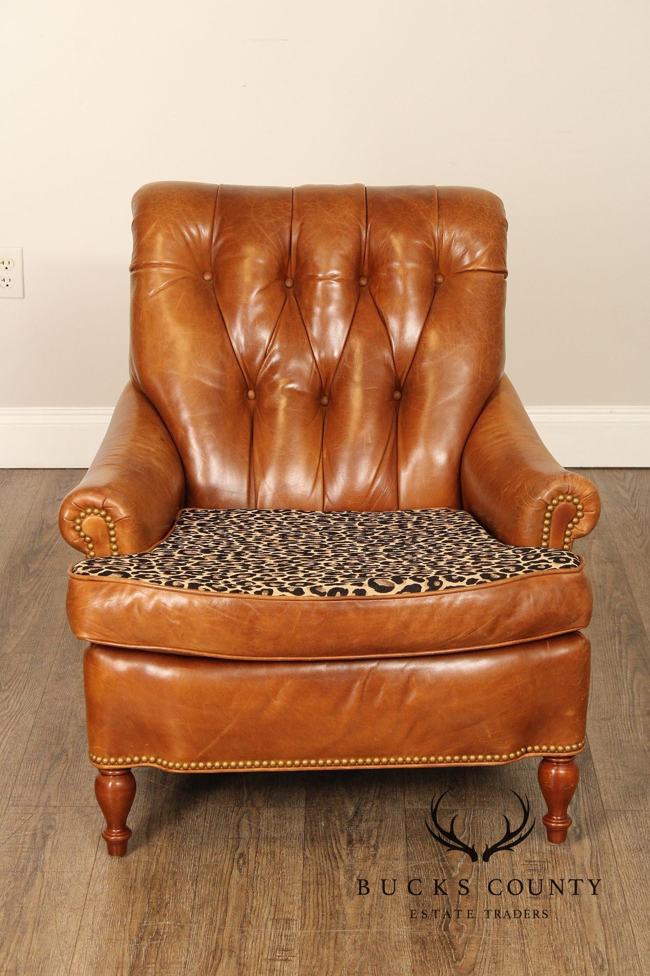 Hancock & Moore Cognac Leather Chesterfield Armchair and Ottoman