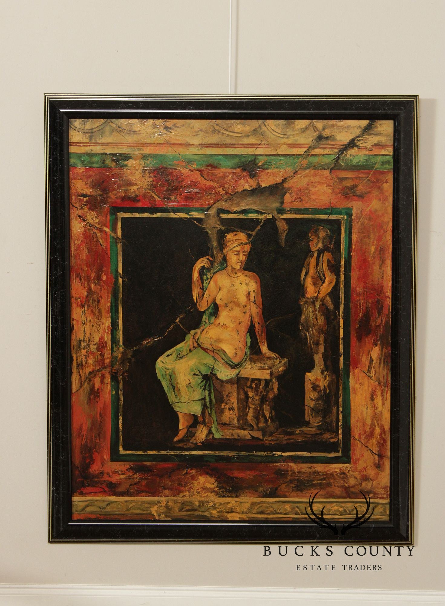 Roman Fresco Oil Painting Signed 'Fabriano' with Black Frame