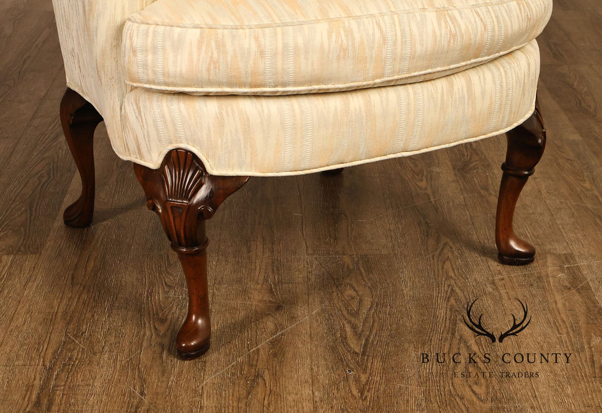 Traditional Upholstered Pair Of Wingback Armchairs With Carved Cabriole Legs