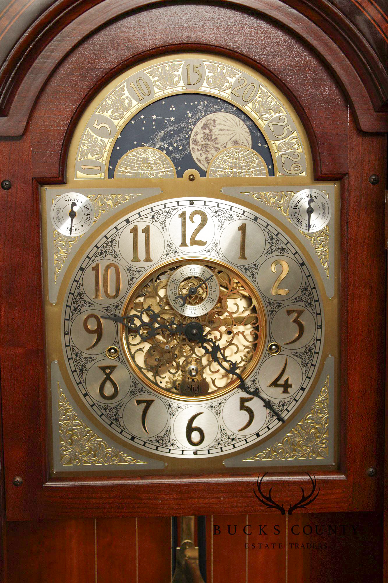 Sligh Mahogany Inlaid Grandfather Clock With Moon Phase Dial