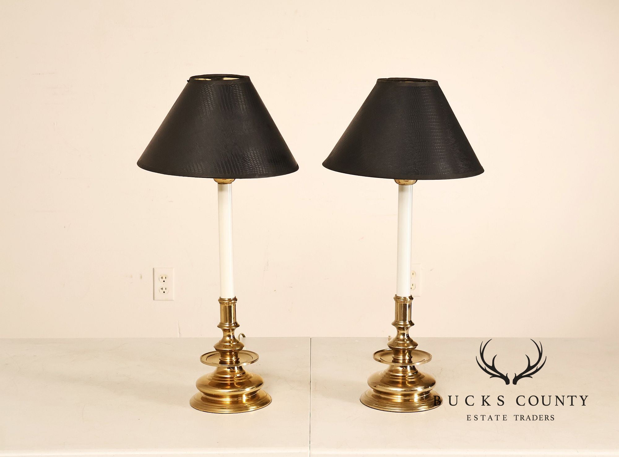 Pair of Brass Candlestick Style Table Lamps with Black Faux Alligator Shades