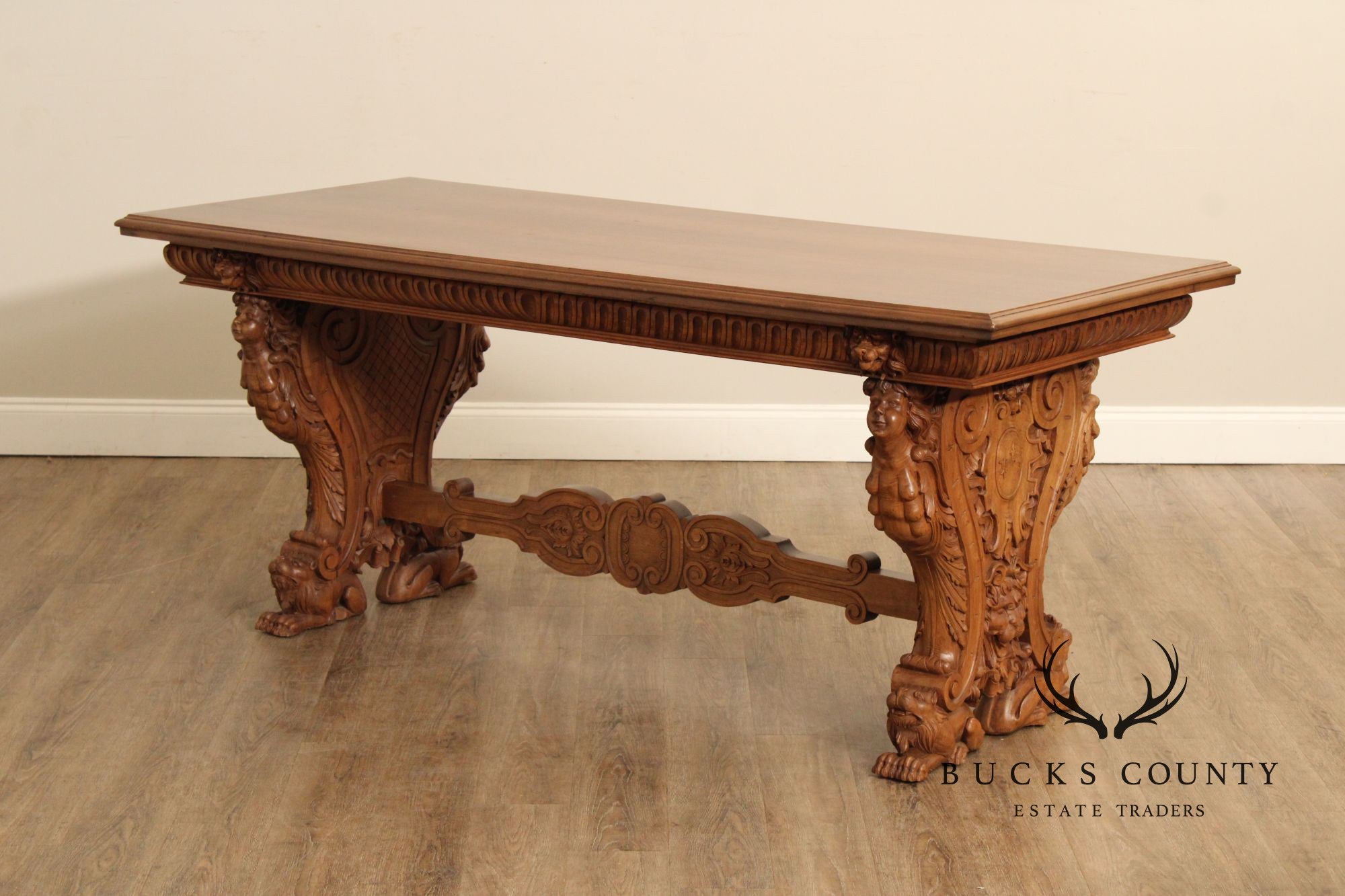 Antique Italian Renaissance Revival Carved Walnut Library Table