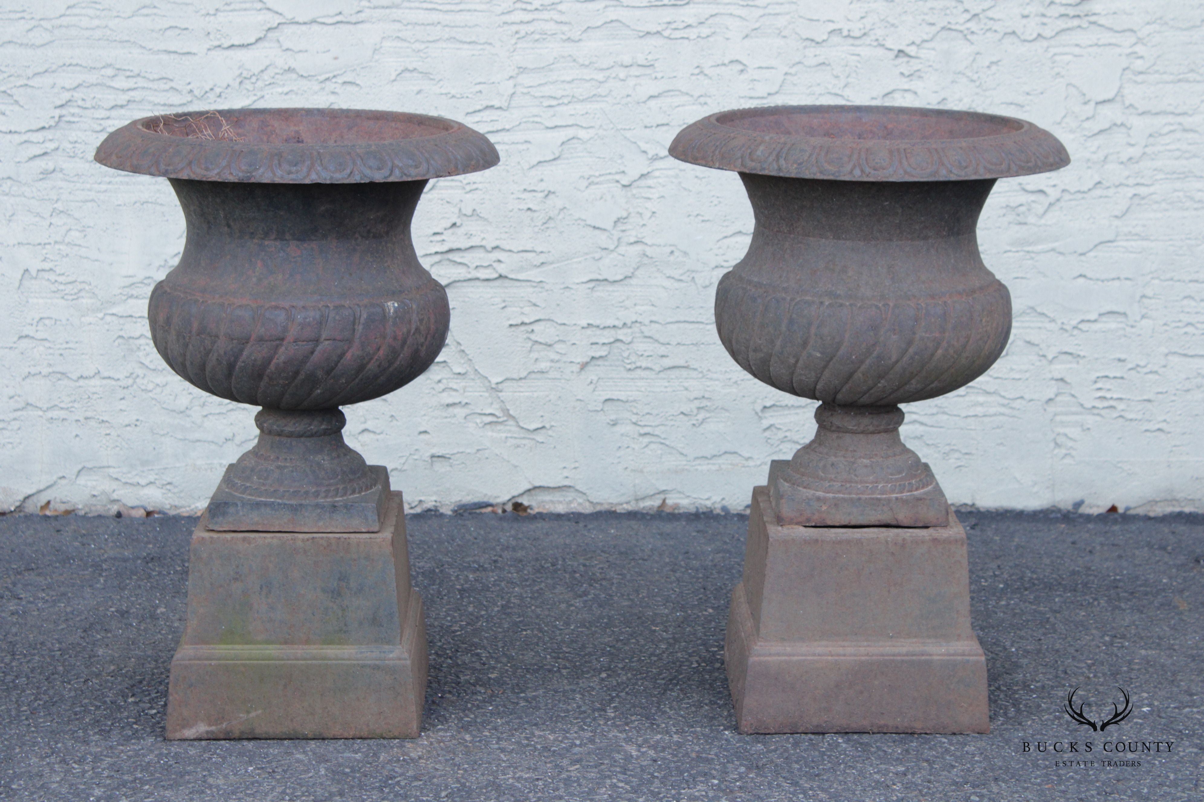 French Style Vintage Pair of Cast Iron Garden Urns