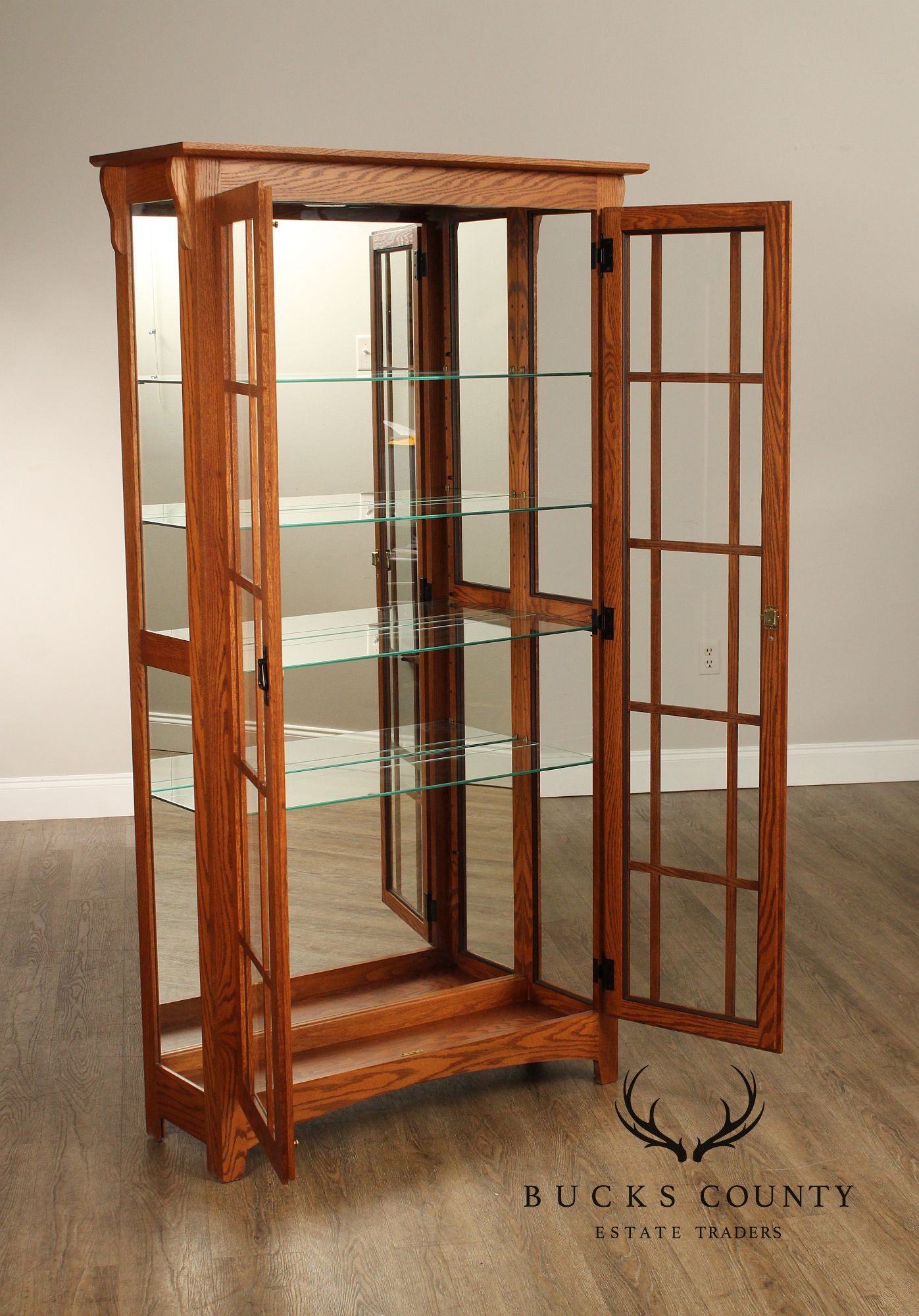 Mission Style Pair of Glass Door Oak Display Curio Cabinets