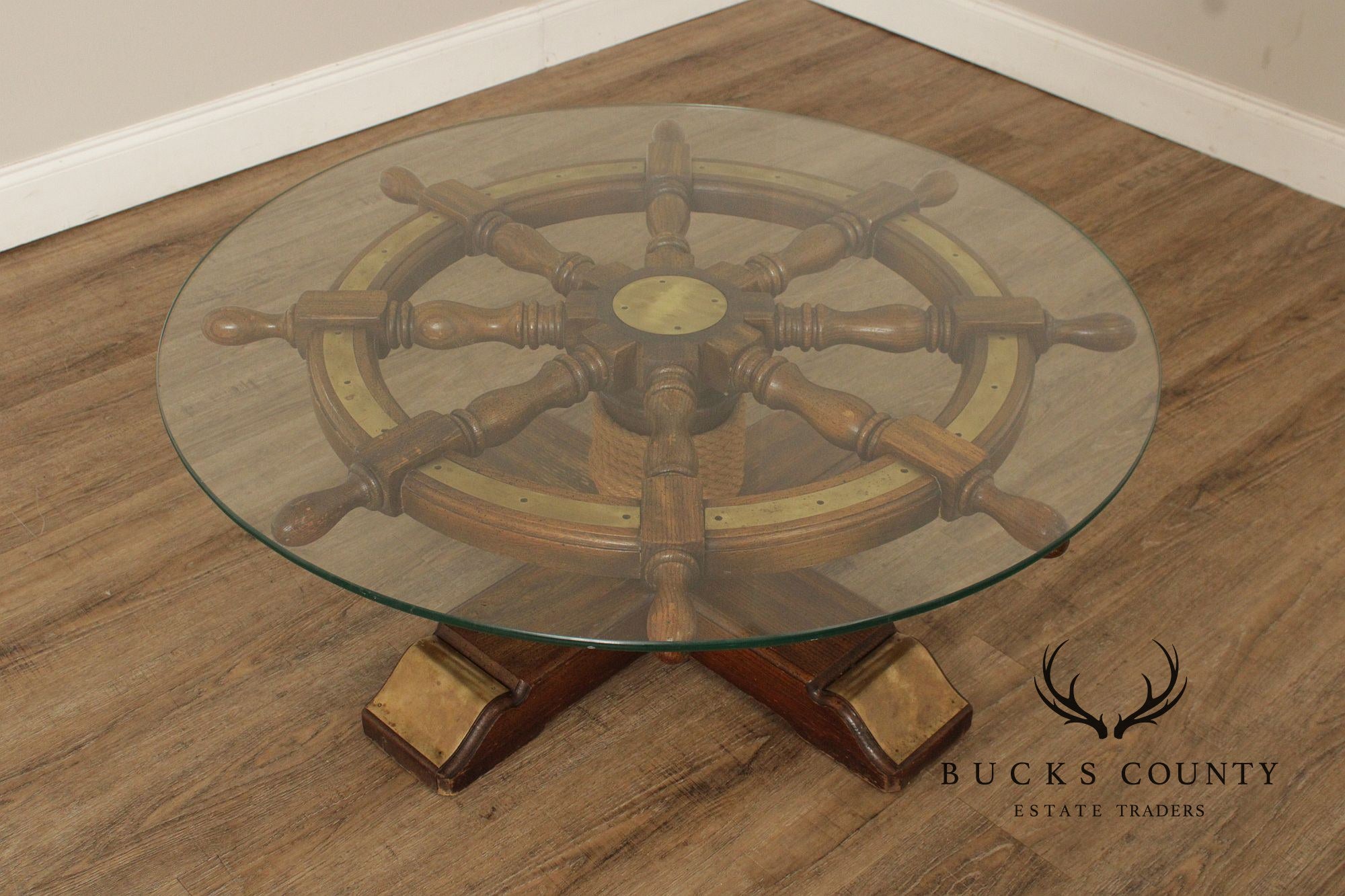 Nautical Ship's Wheel Vintage Round Glass Top Coffee Table