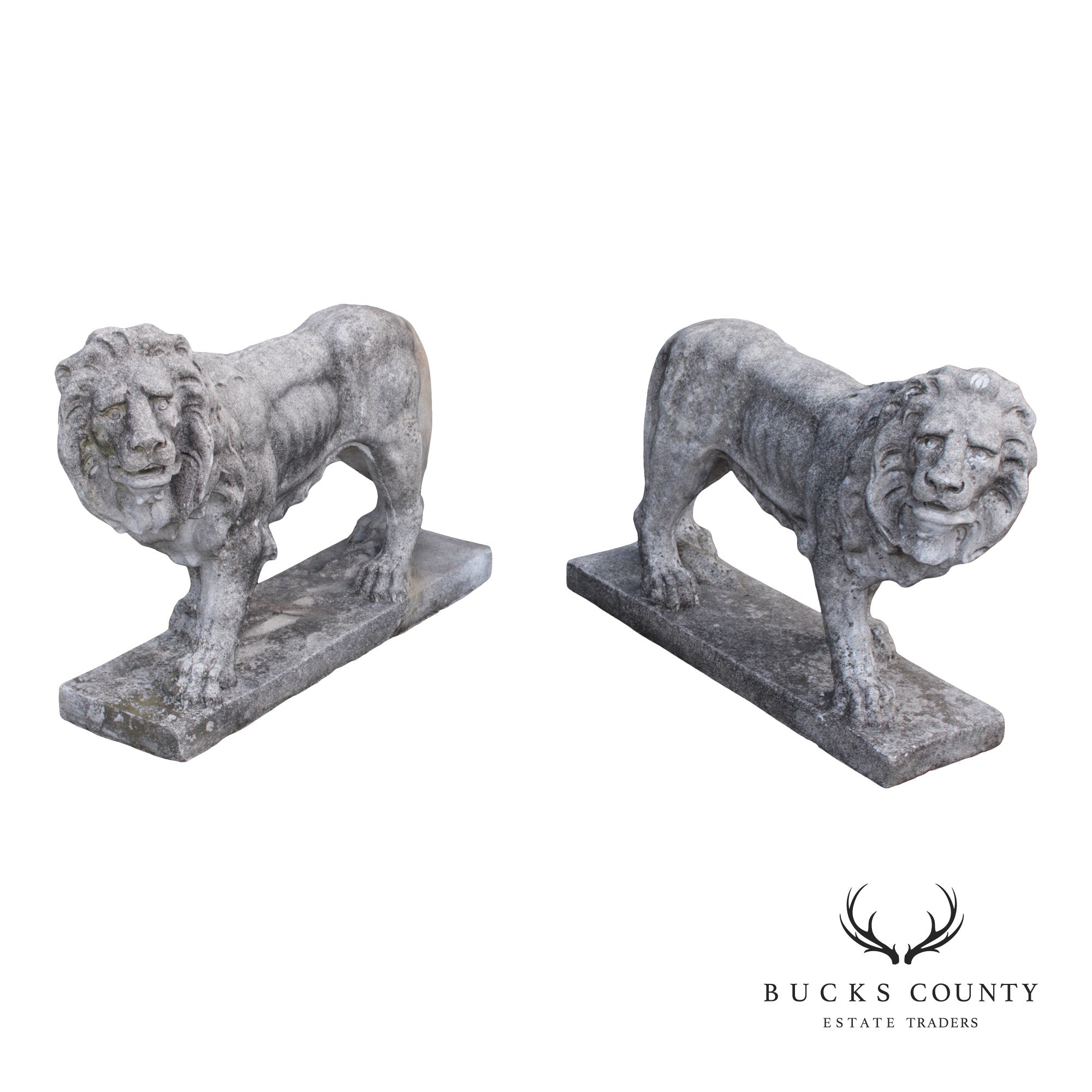 Vintage Pair Of Cast Stone Standing Lion Garden Statues