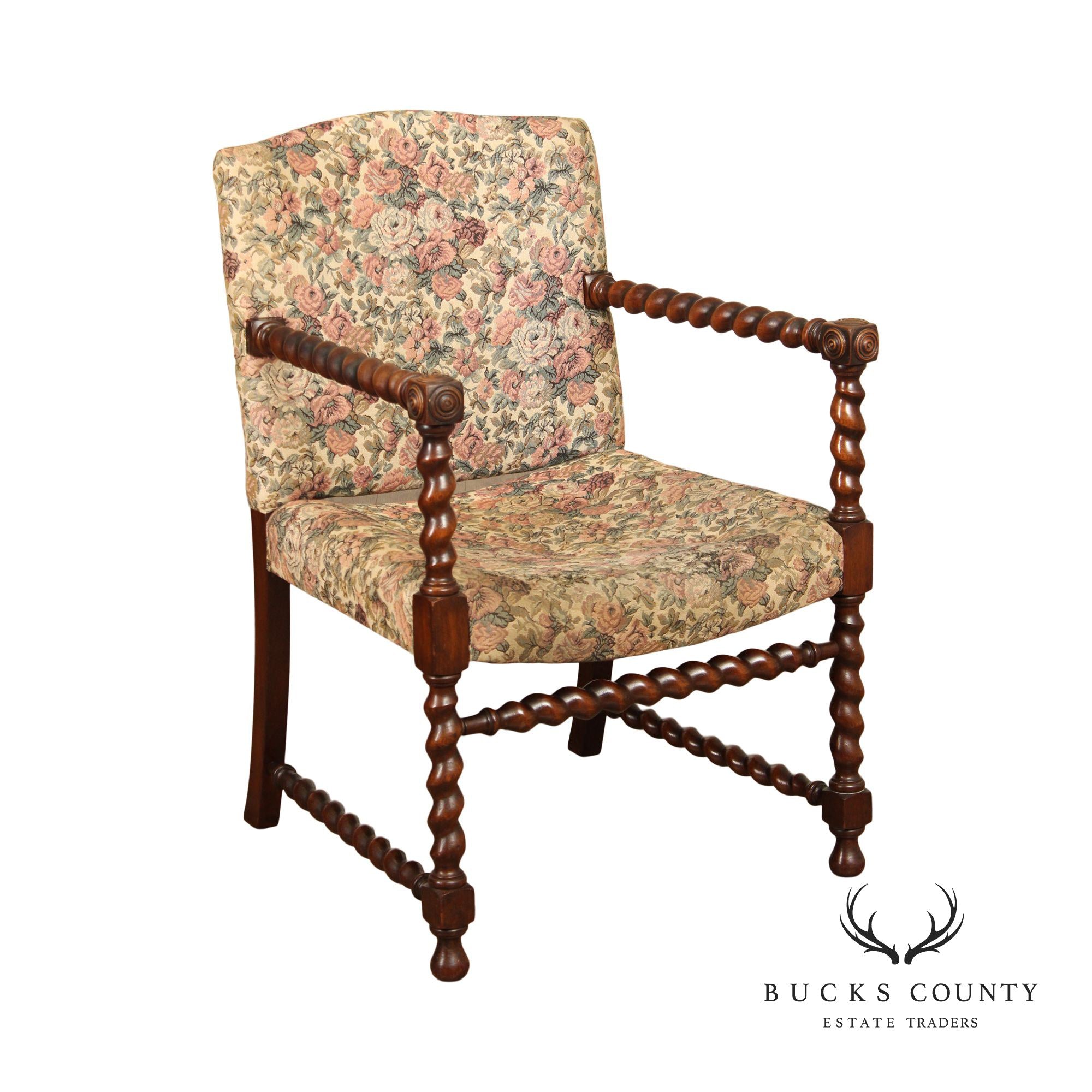 Jacobean Revival Antique Walnut Barley Twist Armchair