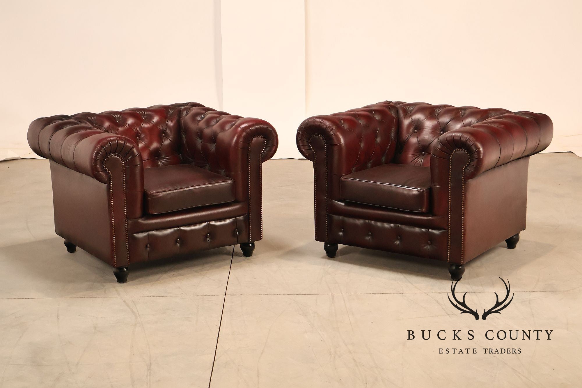 Chesterfield Style Pair of Oxford Red Leather Club Chairs
