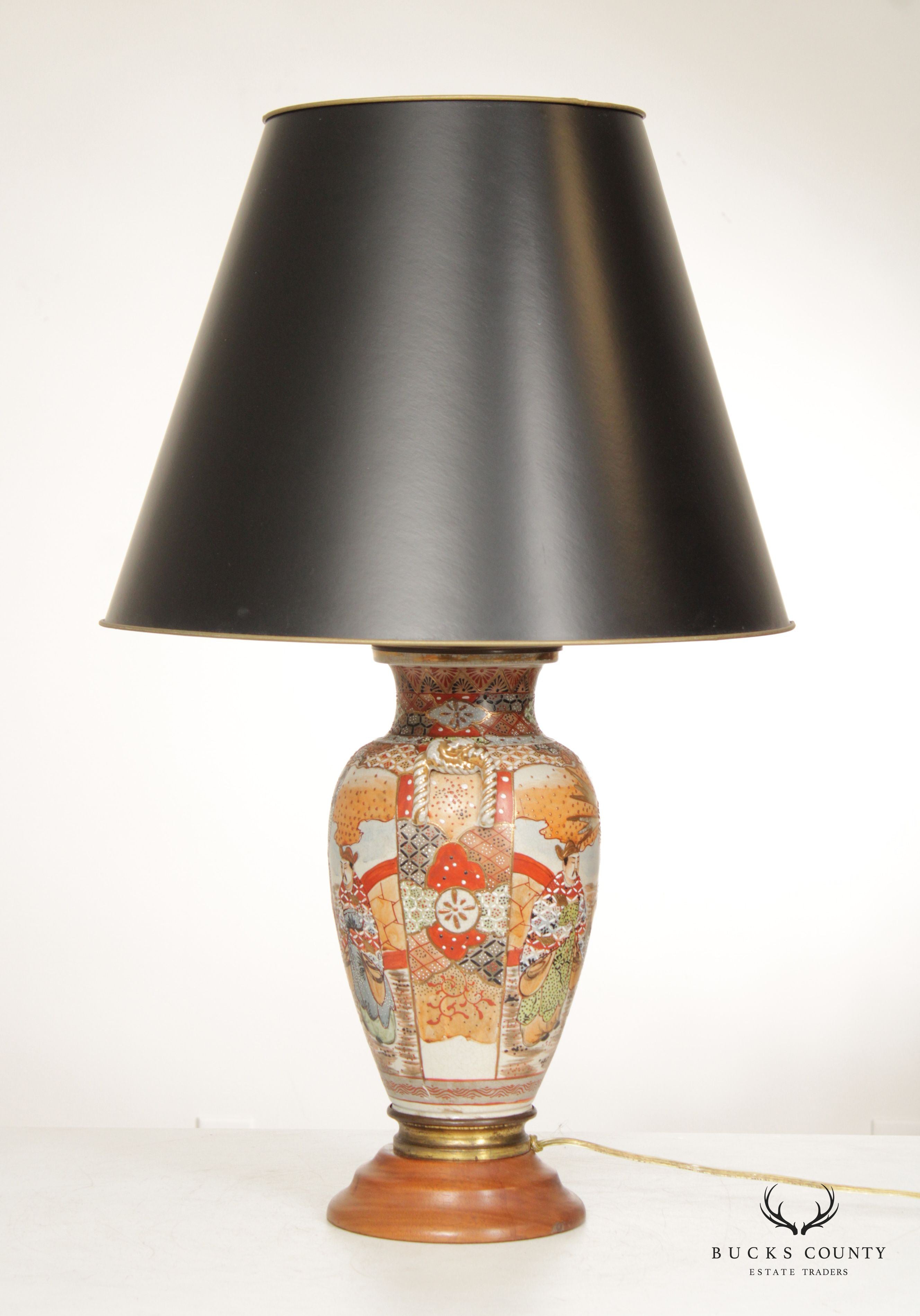 Japanese Satsuma Antique Pair of Enameled Porcelain Vase Table Lamps