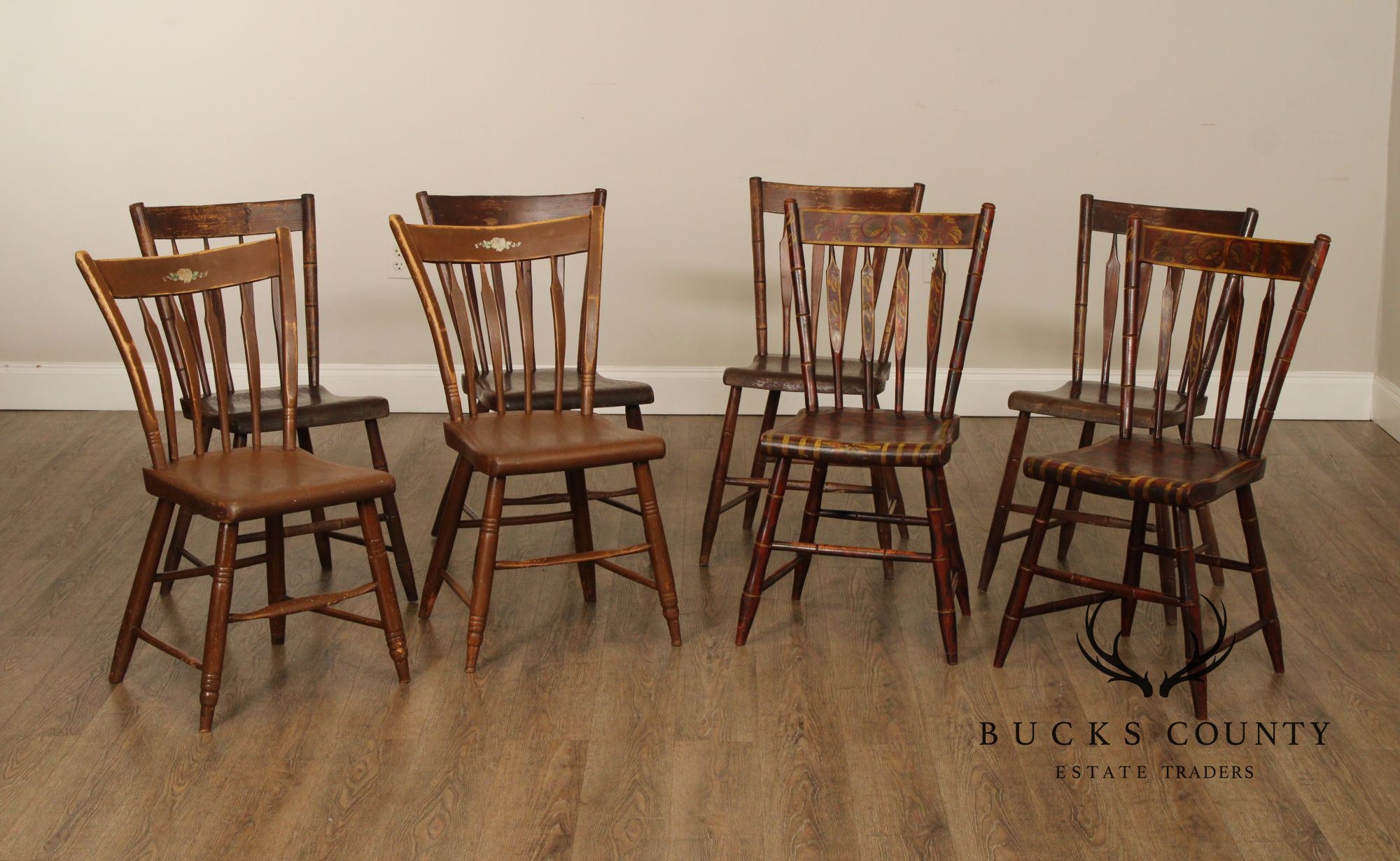 Antique Primitive Assembled Set of Eight Paint Decorated Dining Chairs