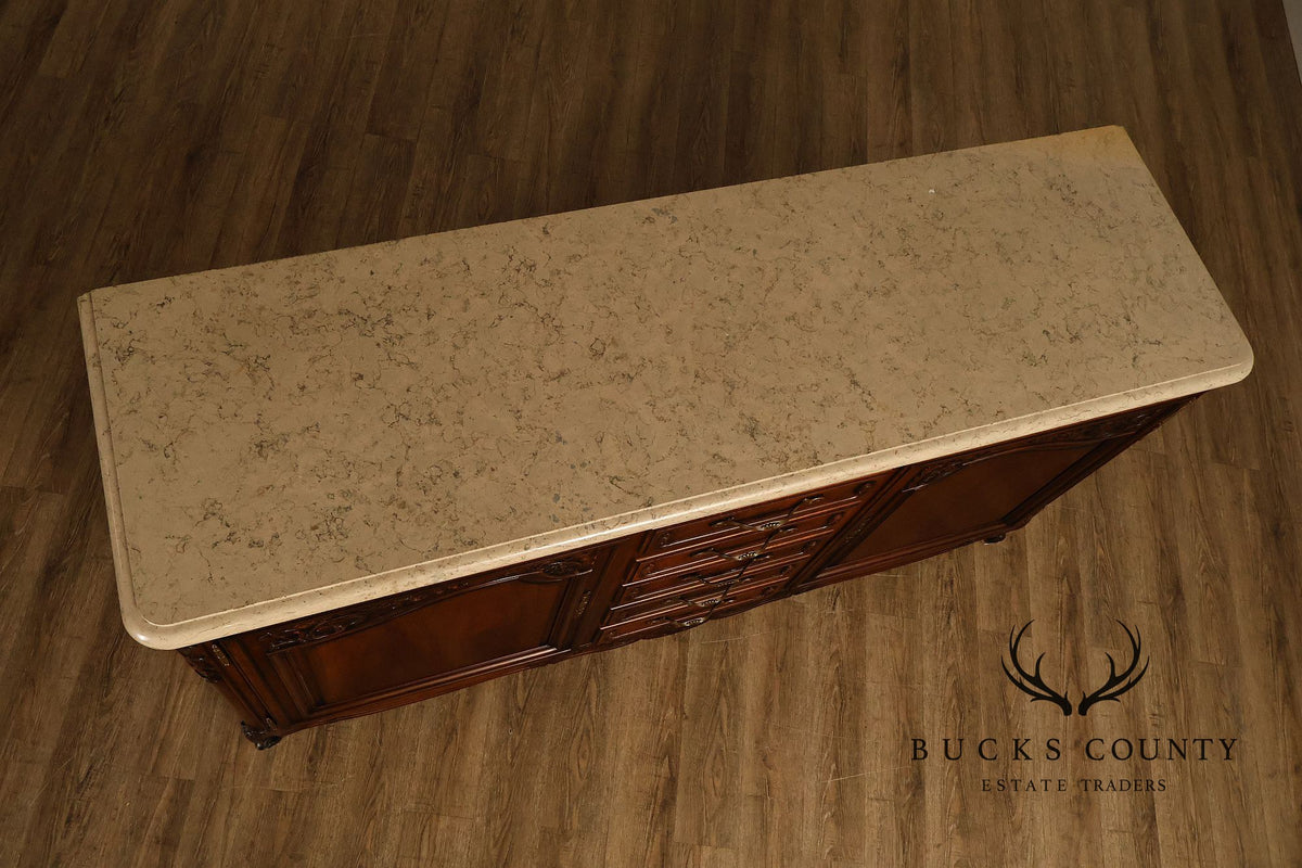 French Louis XV Style Carved Walnut Marble Top Sideboard