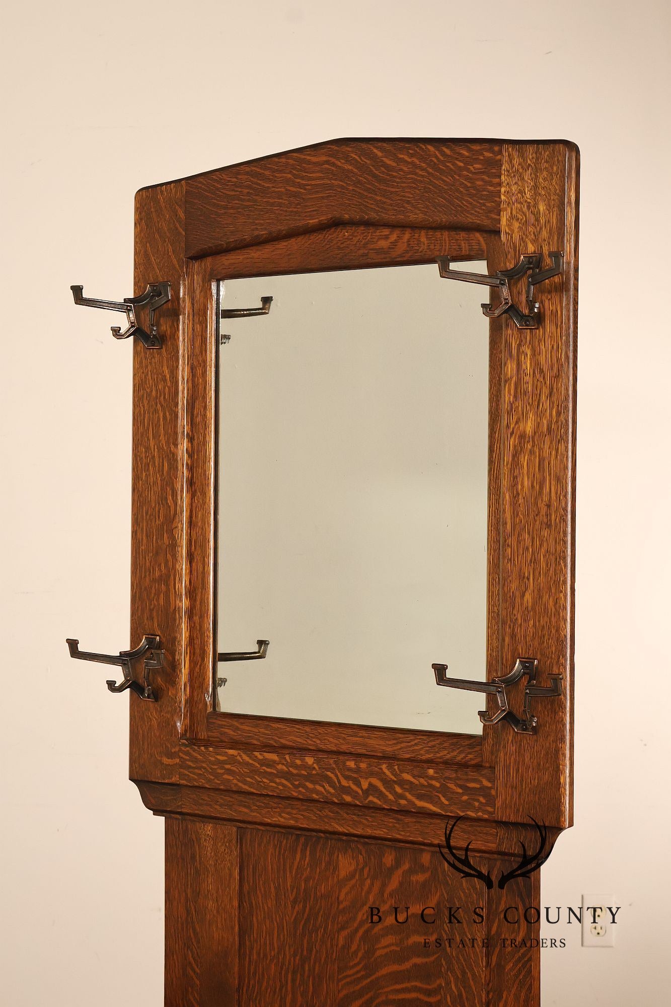 Antique Arts And Crafts Oak Mirrored Hall Seat