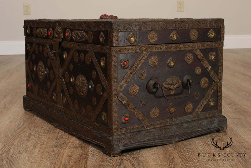19th Century Tibetan Turquoise and Red Coral Decorated Travel Chest