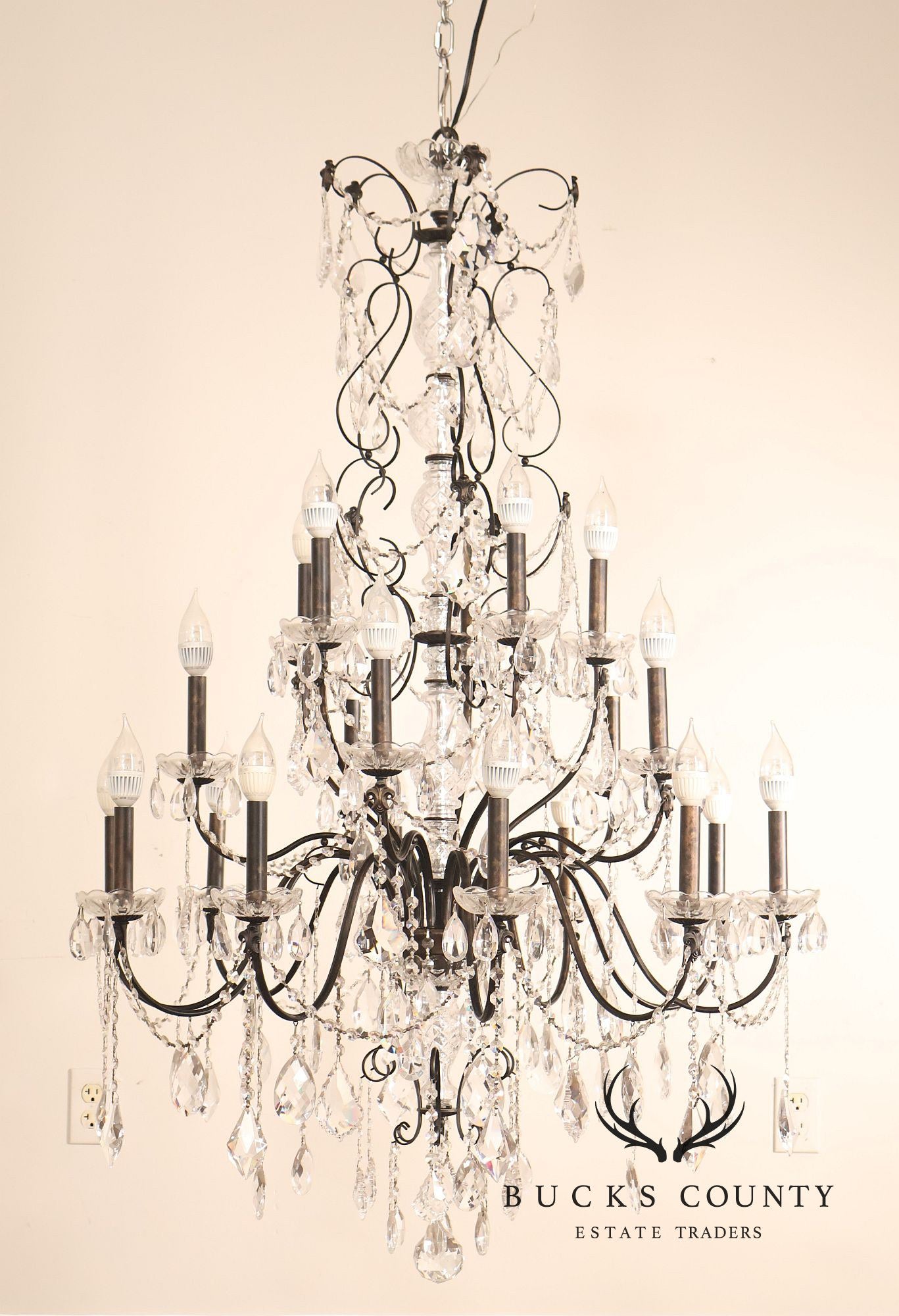 Large Twenty-Light Crystal And Wrought Iron 55" Chandelier
