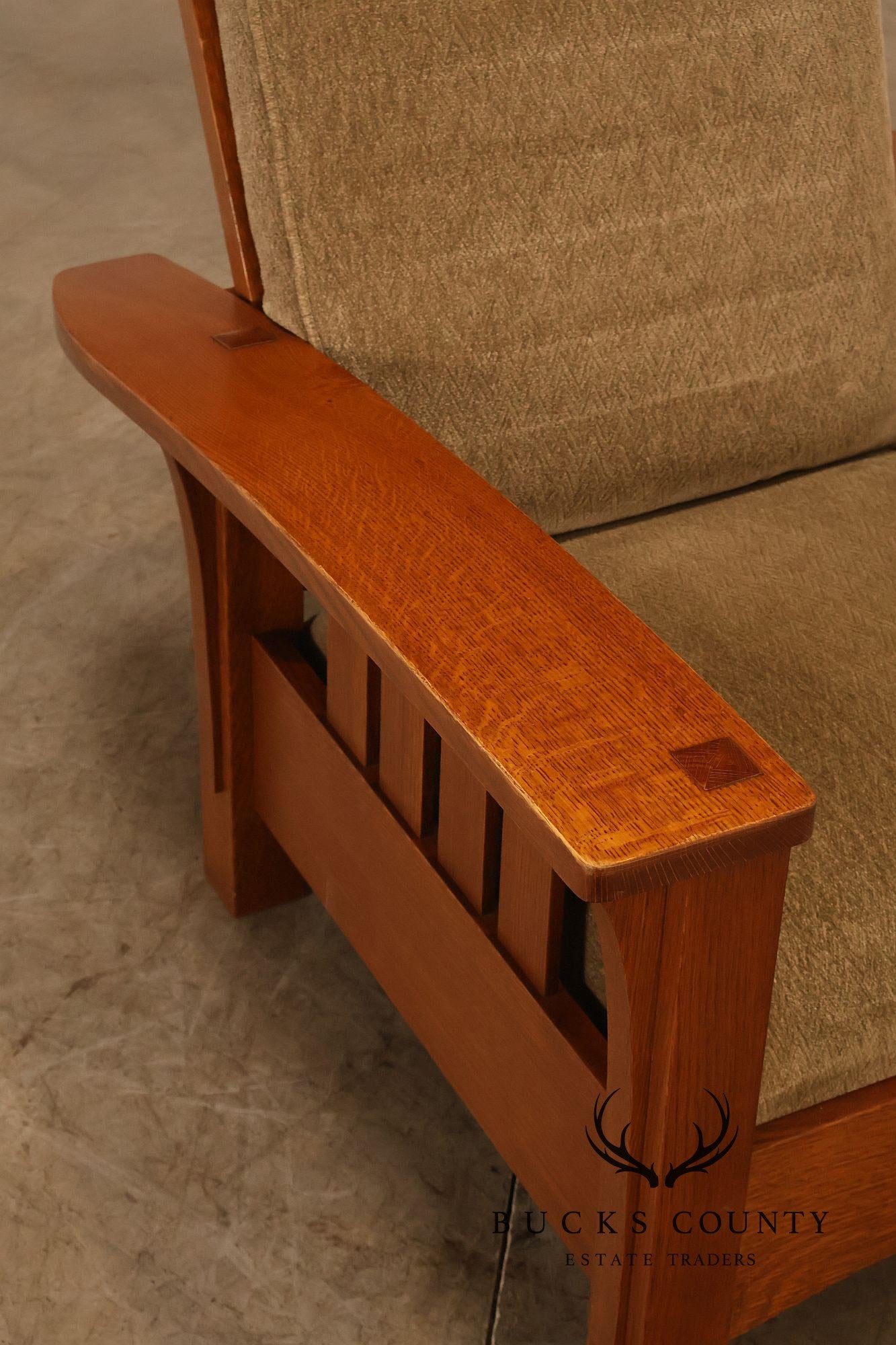 Stickley Mission Collection Oak And Custom Upholstery Bow Arm Morris Chair