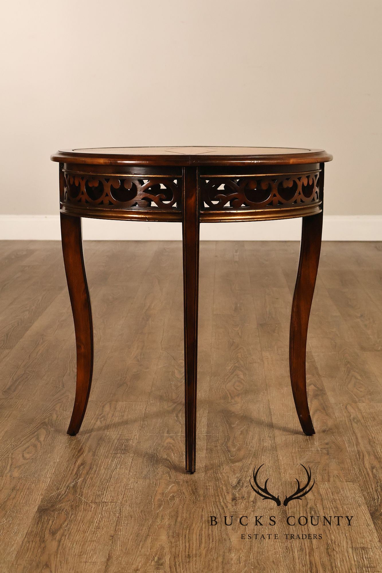 John Richard 'European Crossroads' Pair of Round Leather Top Lamp Tables
