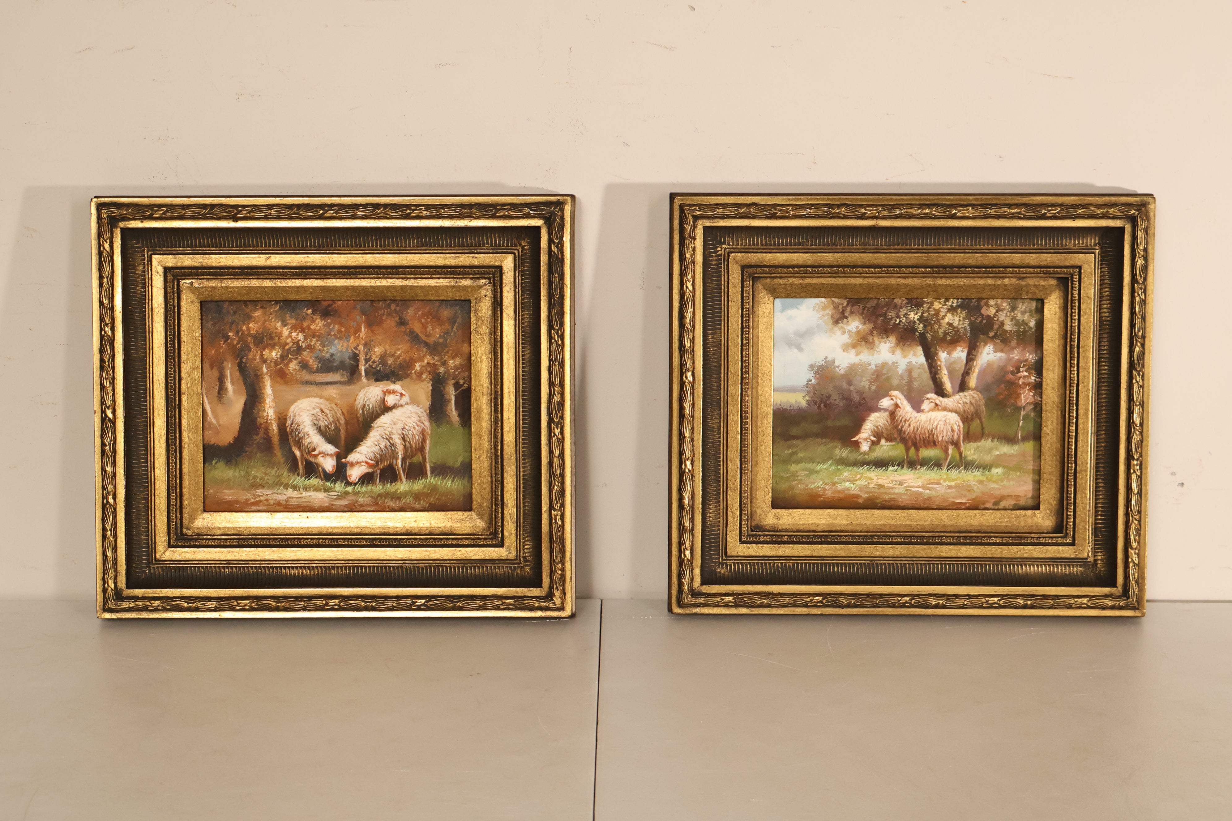 Continental Style Pair of Pastoral Landscape Paintings With Sheep