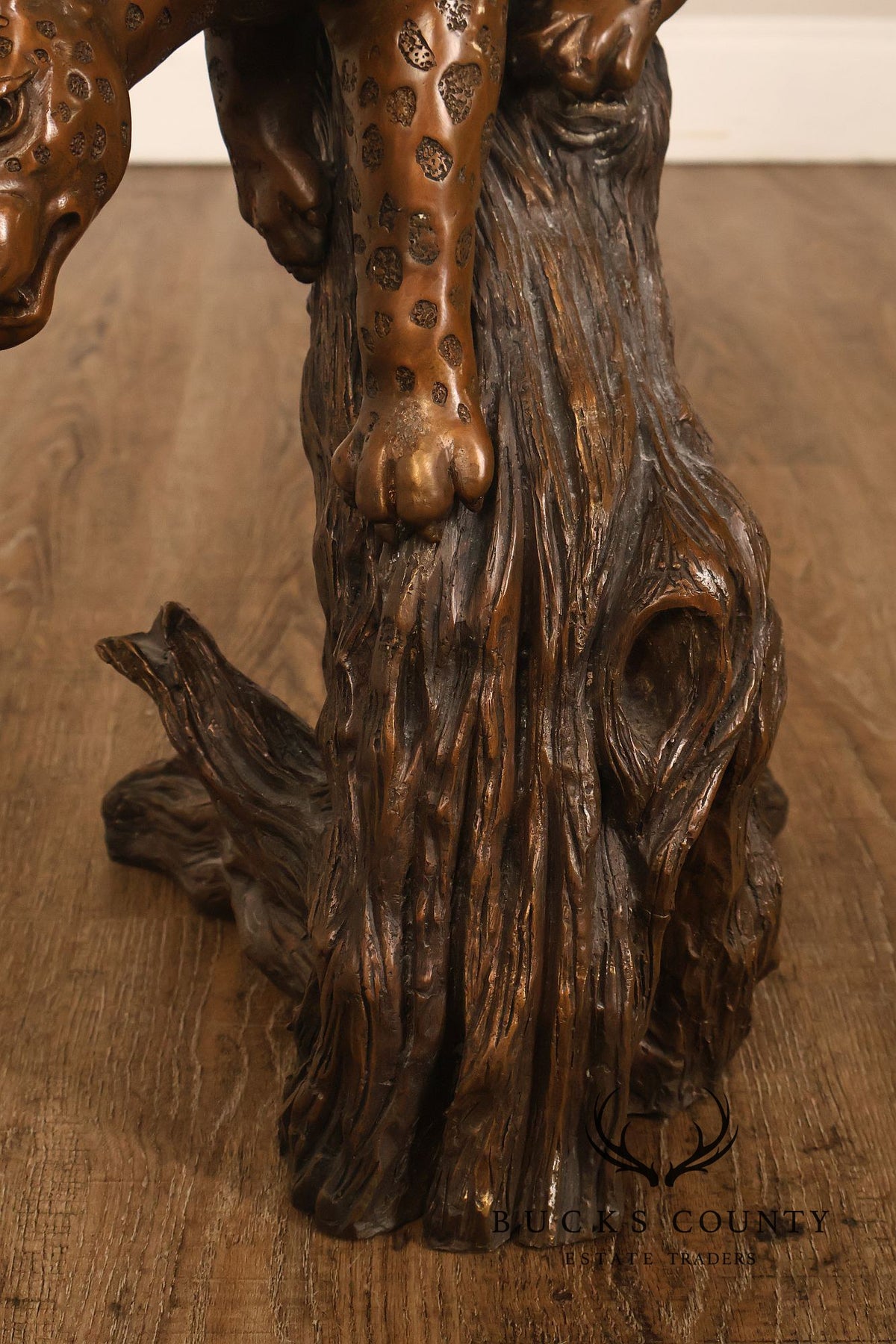 Large Bronze Leopard Sculpture On Tree Stump Base