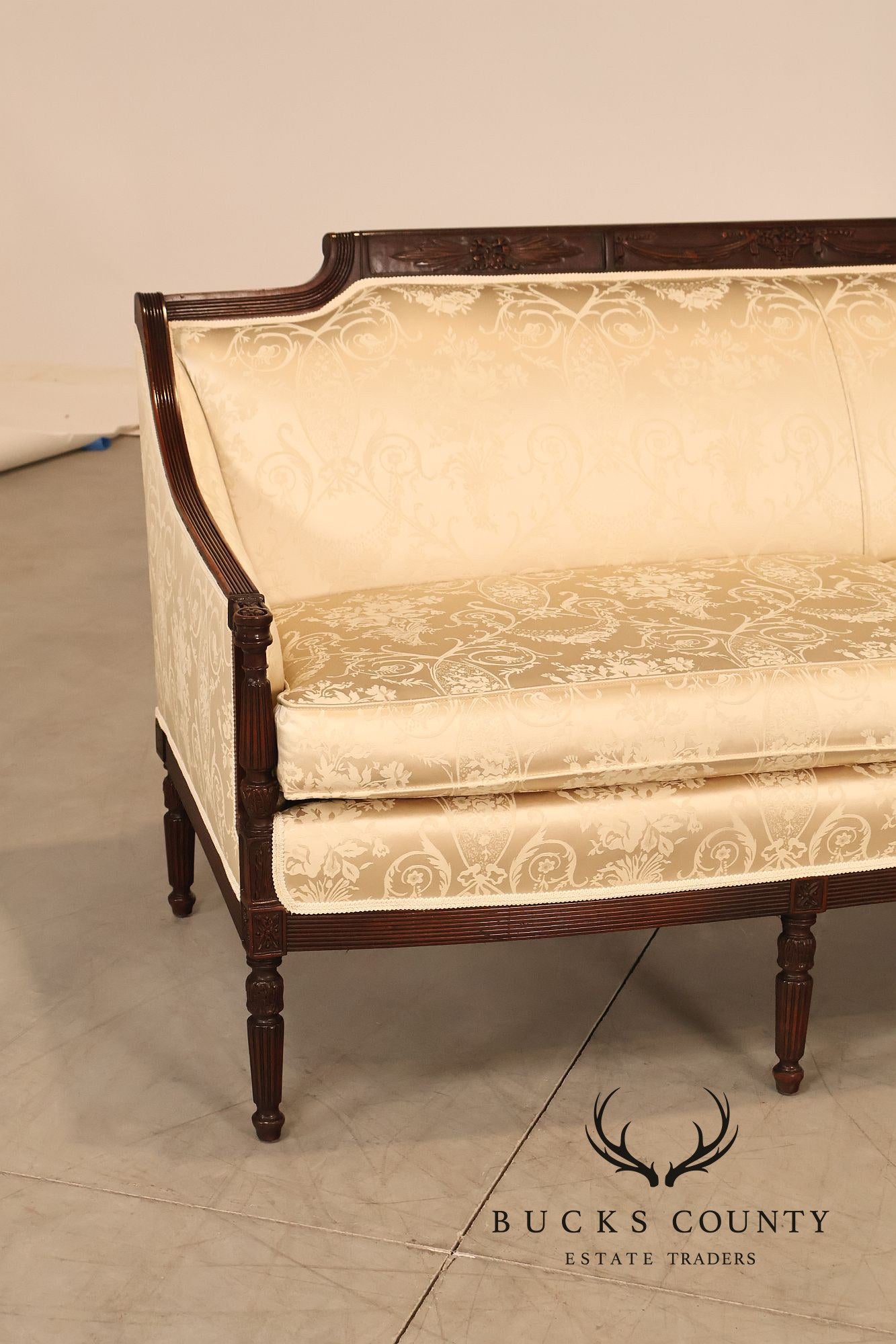 Federal Sheraton Style Upholstered Sofa With Carved Wood Frame