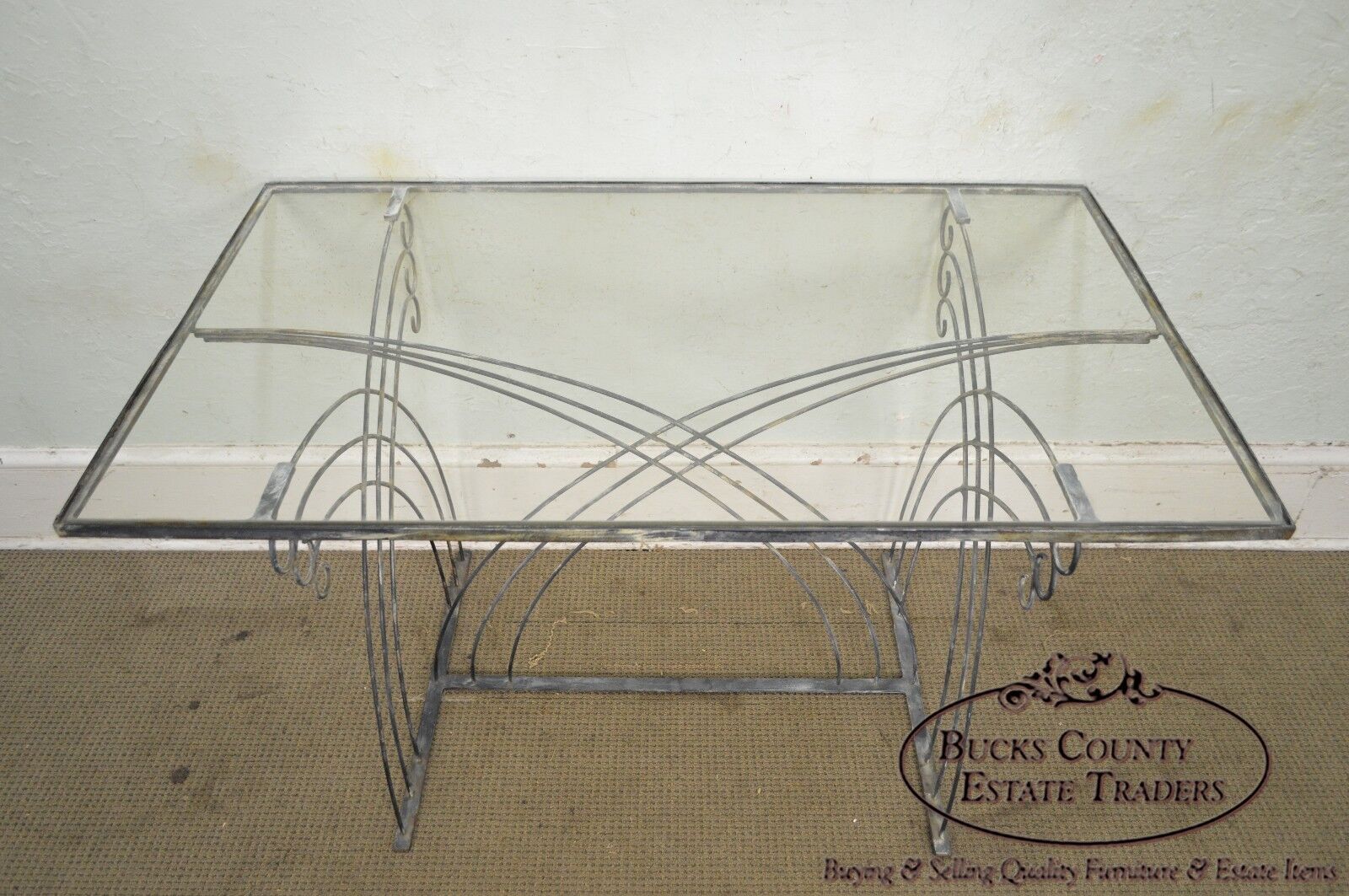 Art Deco Vintage Studio Wrought Iron Glass Top Patio Console Table