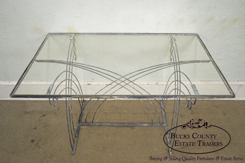 Art Deco Vintage Studio Wrought Iron Glass Top Patio Console Table
