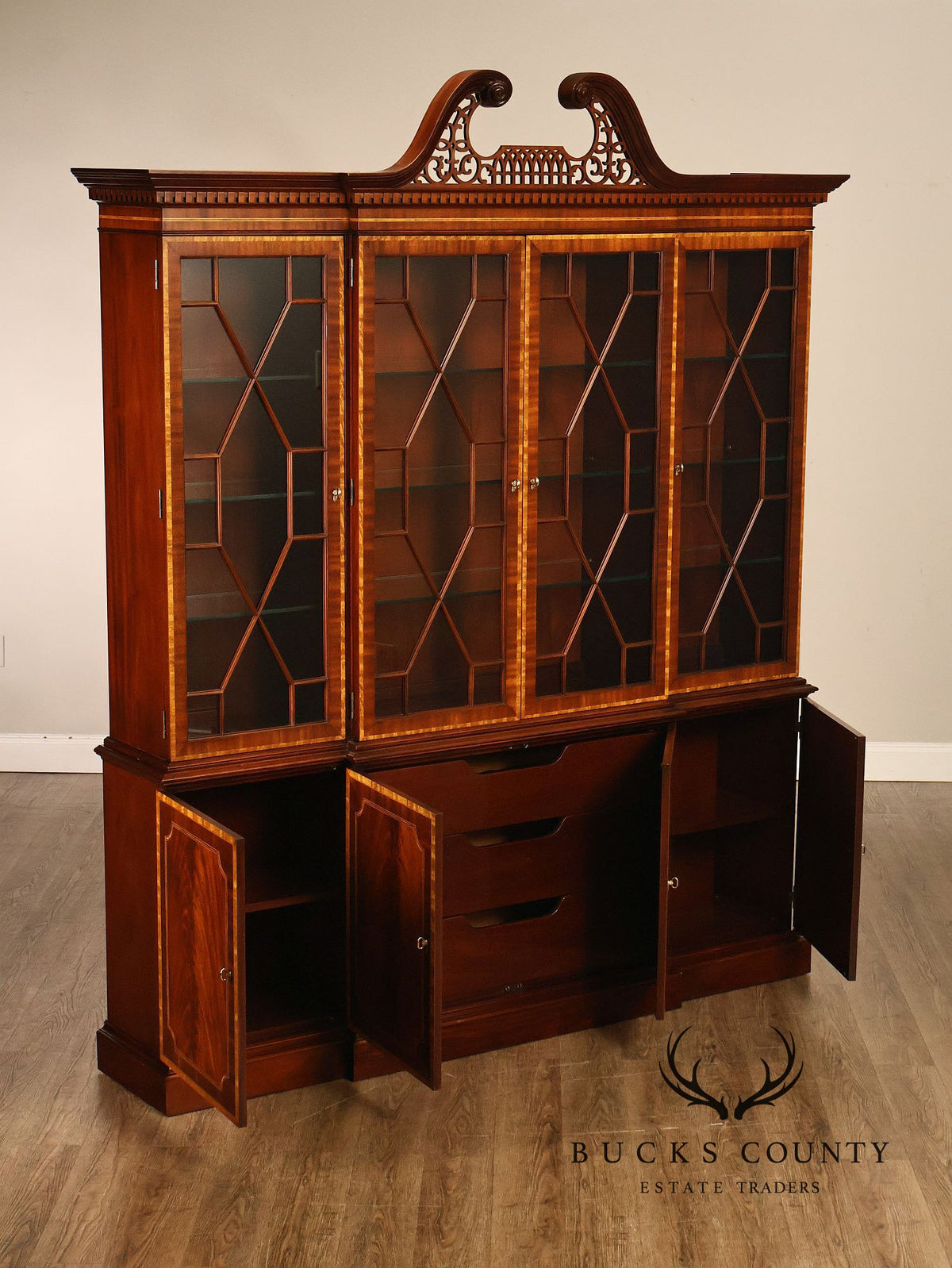 Councill Georgian Style Banded Mahogany Breakfront Bookcase