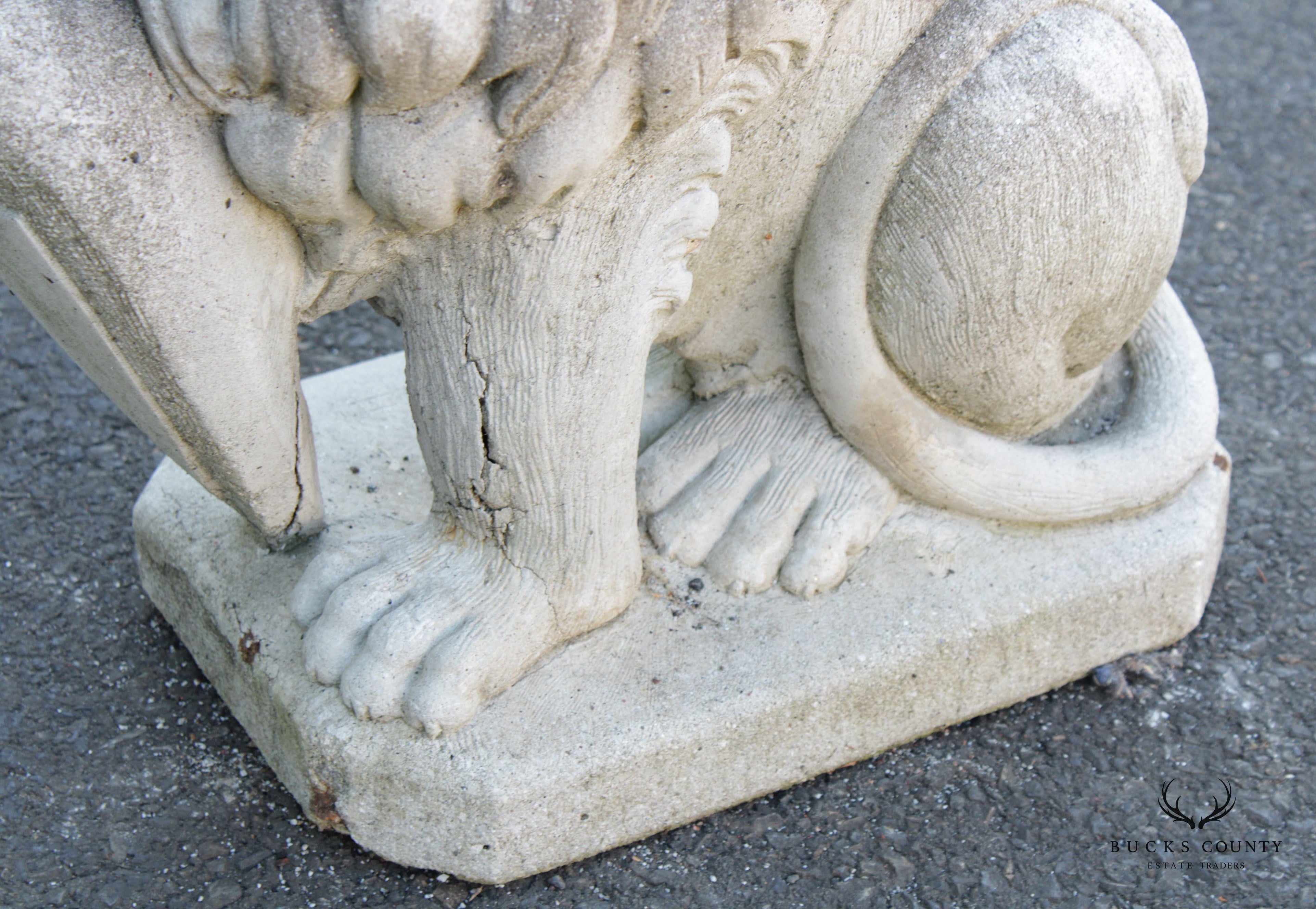 Vintage Cast Stone Lion with Shield Garden Statue