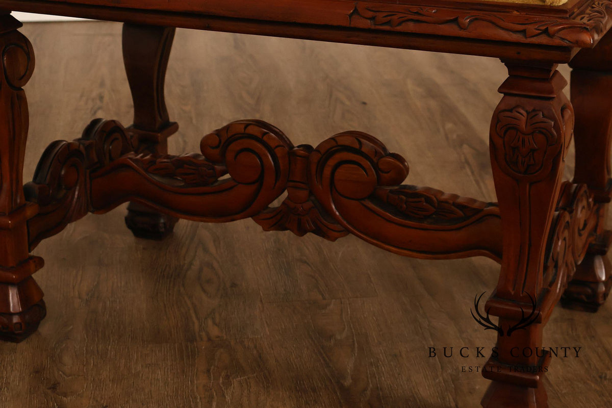 Victorian Style Carved Wood Upholstered Bench