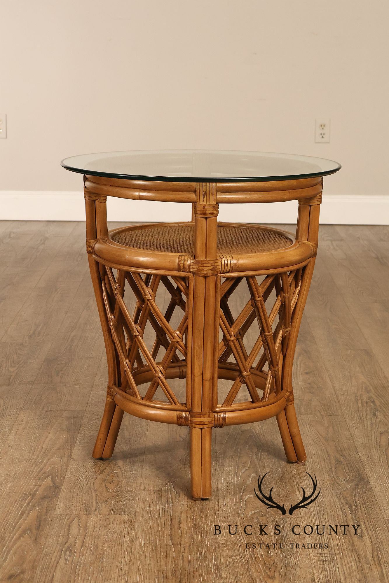 Boho Chic Pair of Round Glass Top Bamboo End Tables