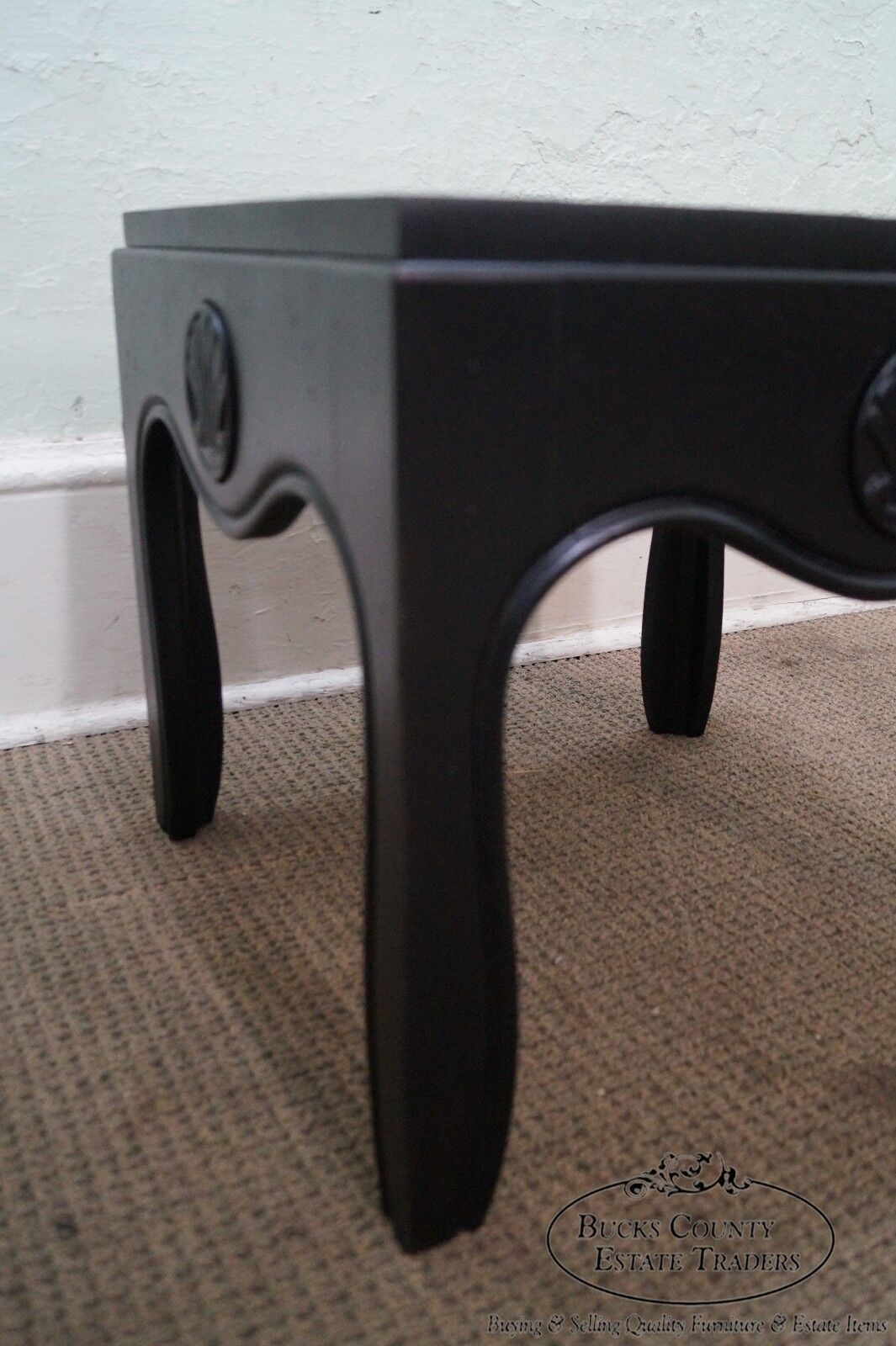 Mid Century Pair of Ebonized Black Low Slate Top Side Tables