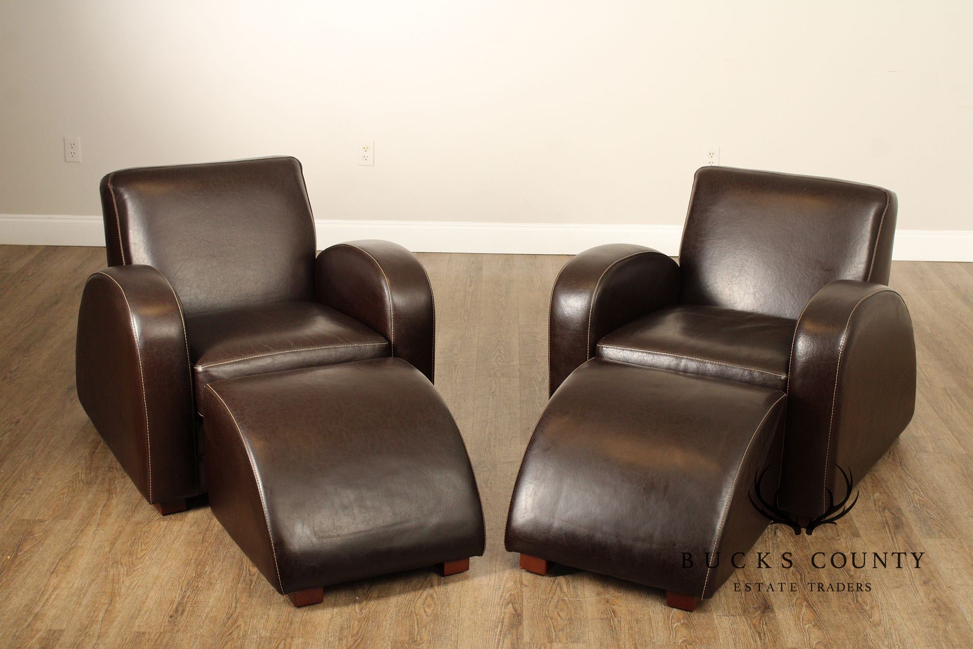 Legacy Art Deco Style Pair of Leather Lounge Chairs with Ottomans