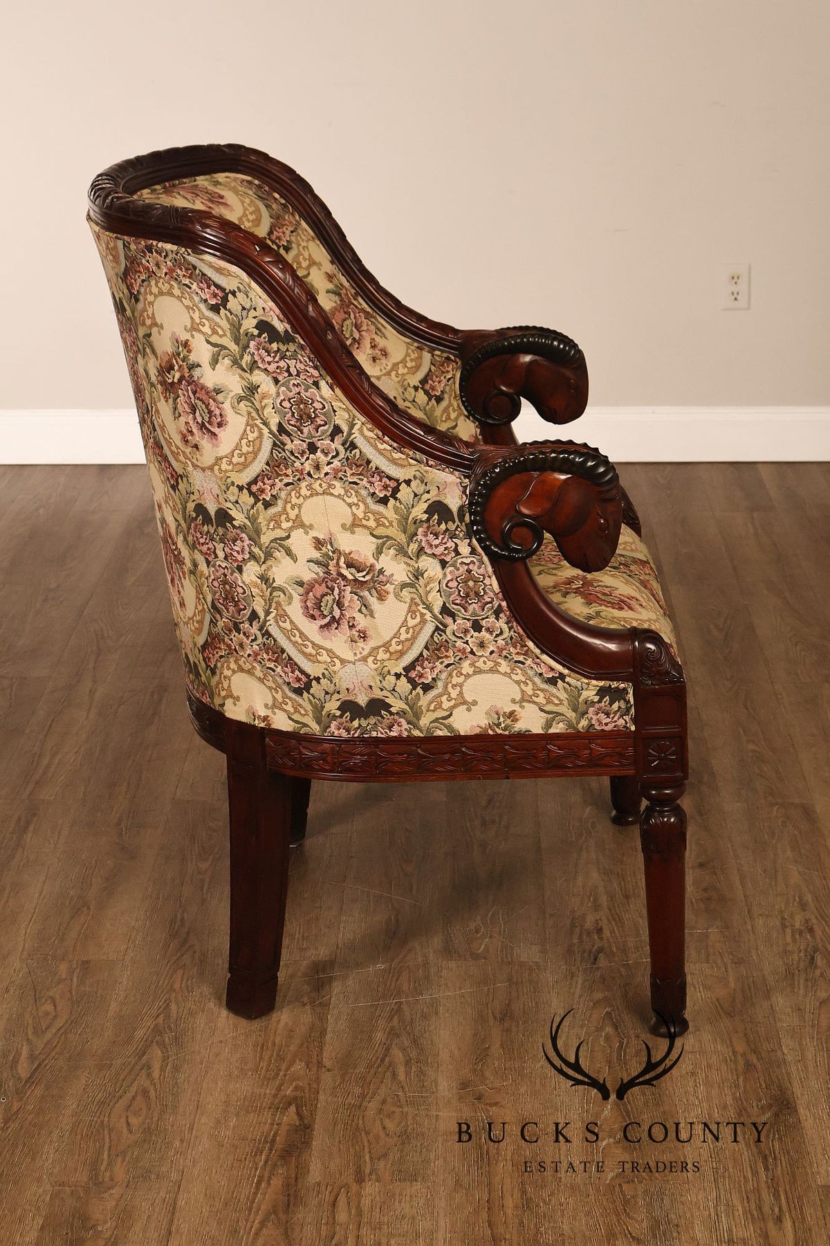 Pair Of Carved Mahogany Ram’s Head Upholstered Armchairs