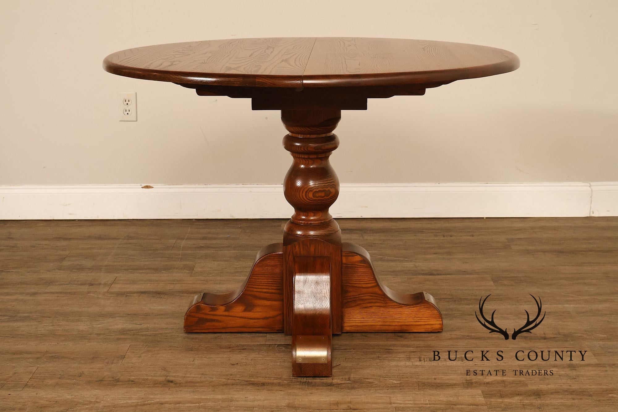 Vintage 42 Inch Oak Round Pedestal Dining Table With Leaf