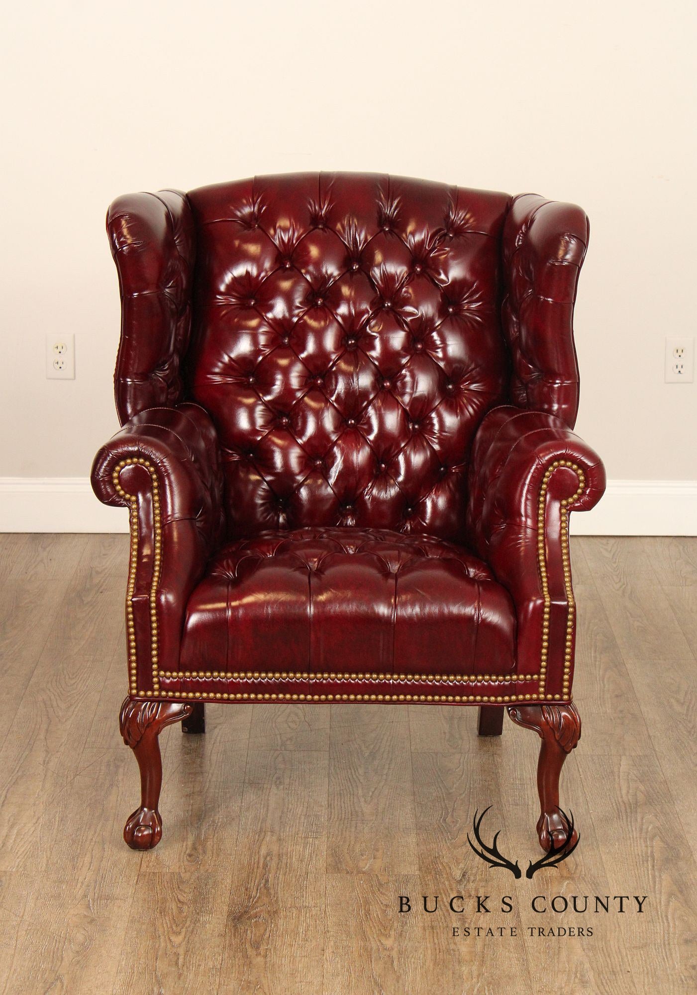 Georgian Style Tufted Oxblood Leather 'Reynolds' Wing Chair and Ottoman