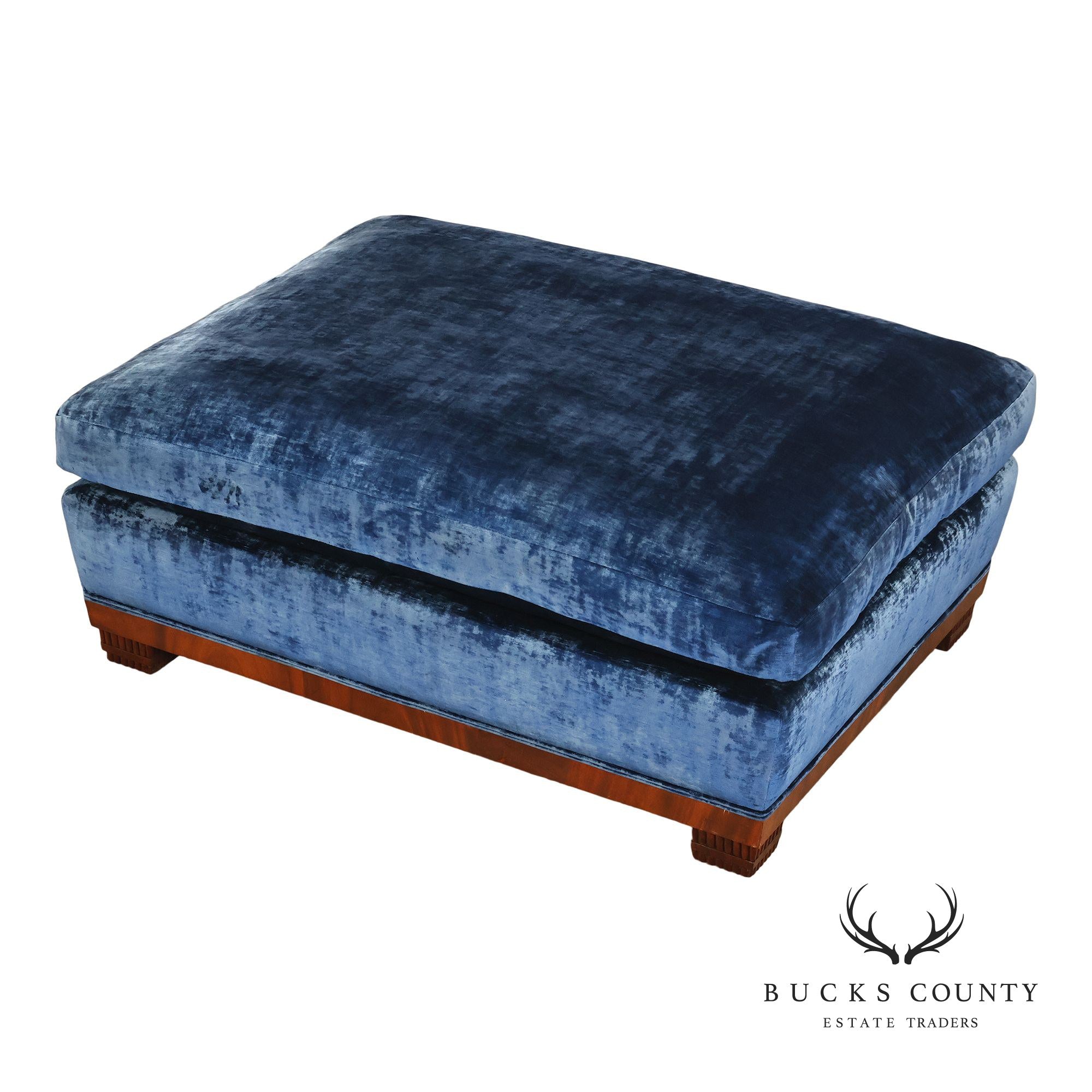 Art Deco Style Large Custom Blue Velvet and Mahogany Ottoman