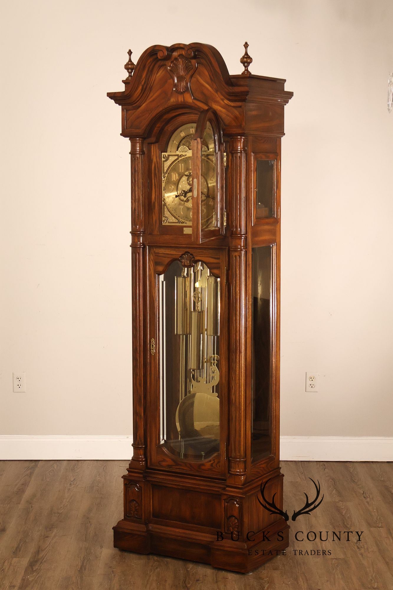 Sligh Traditional Oak Triple Chime Grandfather Clock With Moon Phase Dial