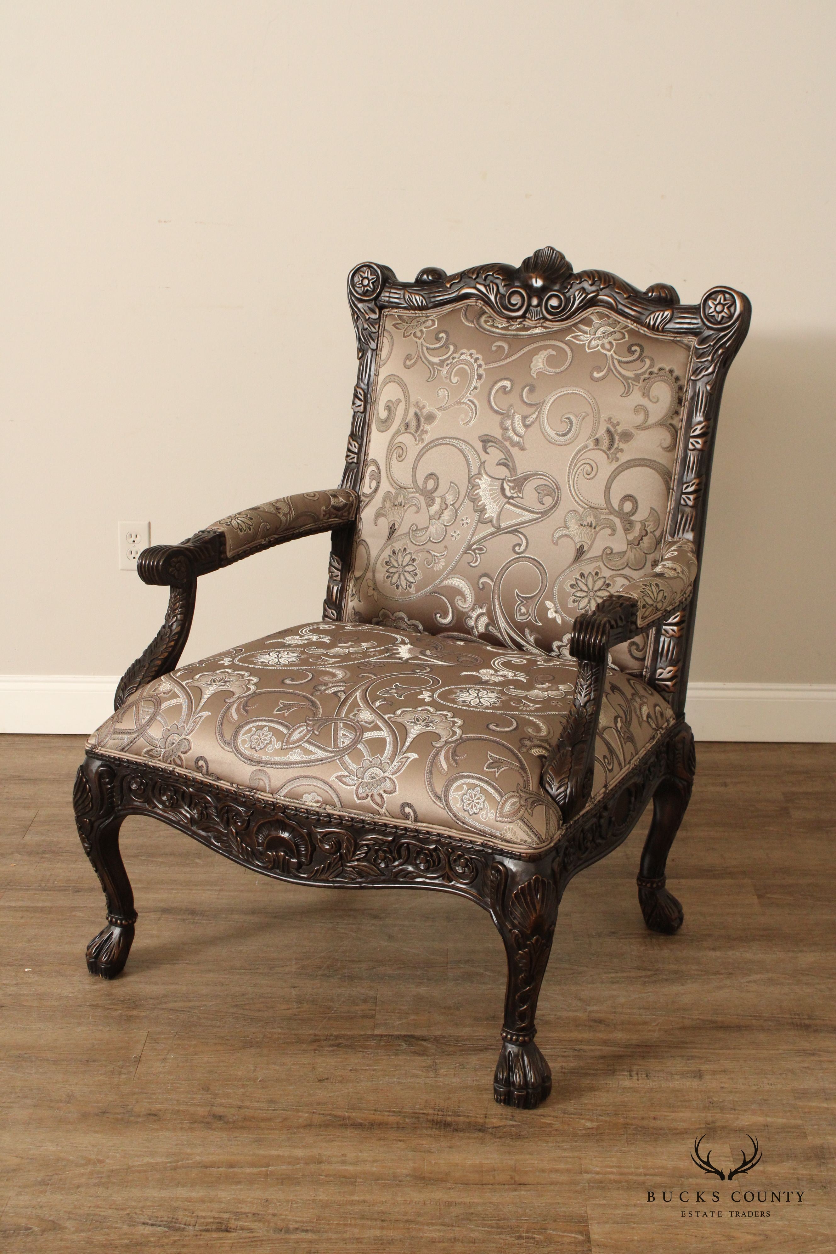 Modern Georgian Style Wide Seat Pair Of Carved Frame Custom Upholstered Armchairs With Ottoman