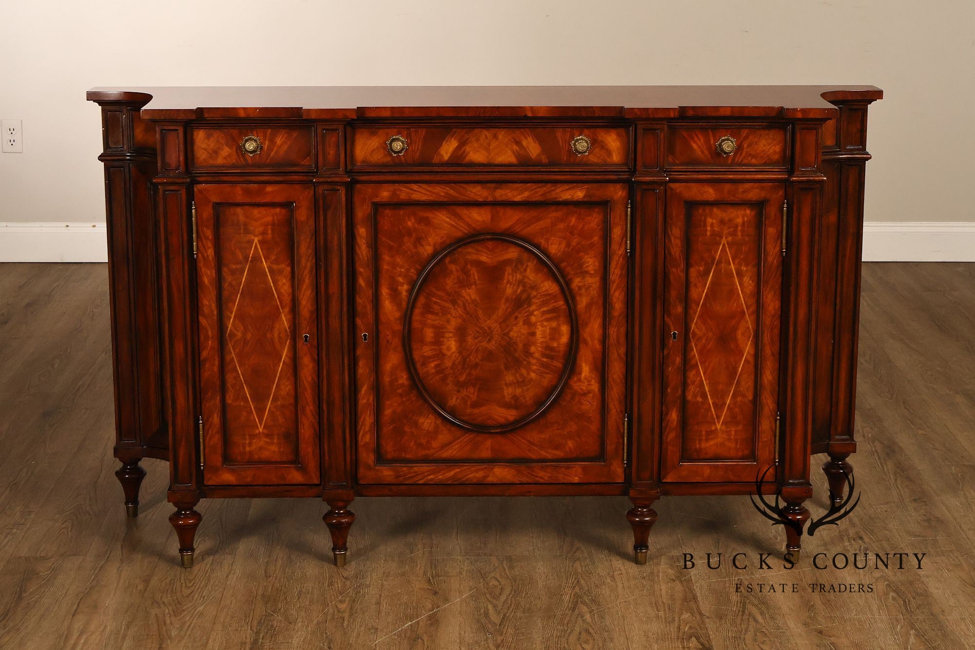 Theodore Alexander Replica Concave Mahogany And Burl Mahogany Sideboard Cabinet