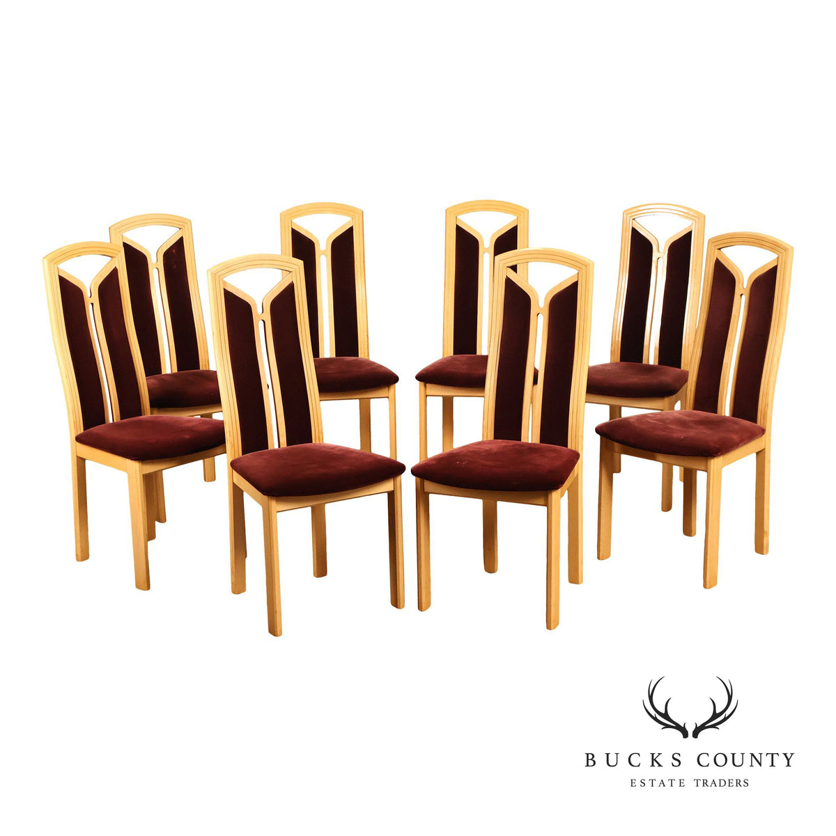 Tonon Set Of Eight Italian Light Wood Modern Dining Chairs With Burgundy Upholstery