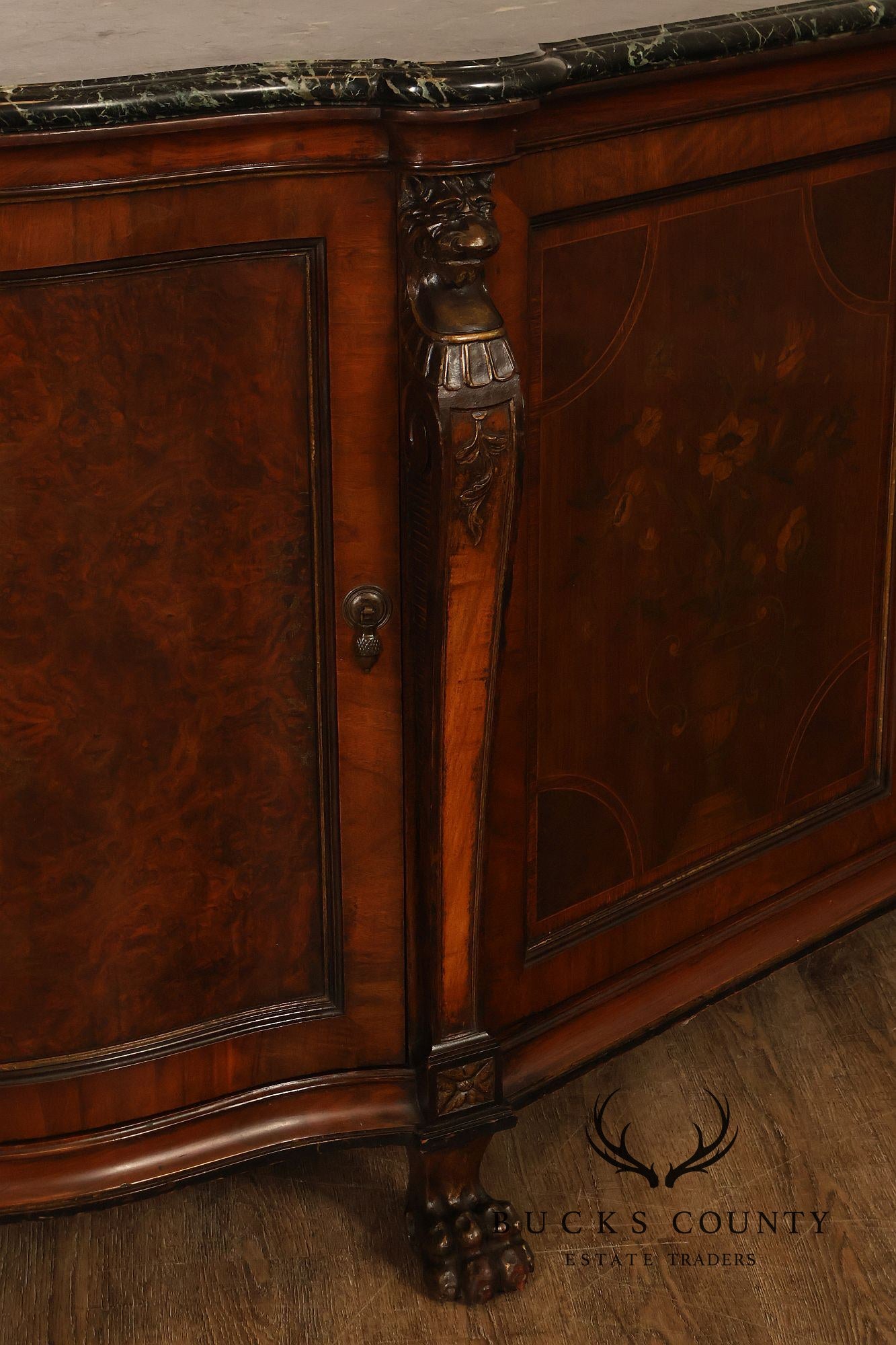 Antique Marble Top Mahogany Inlaid Figural Carved Buffet Sideboard